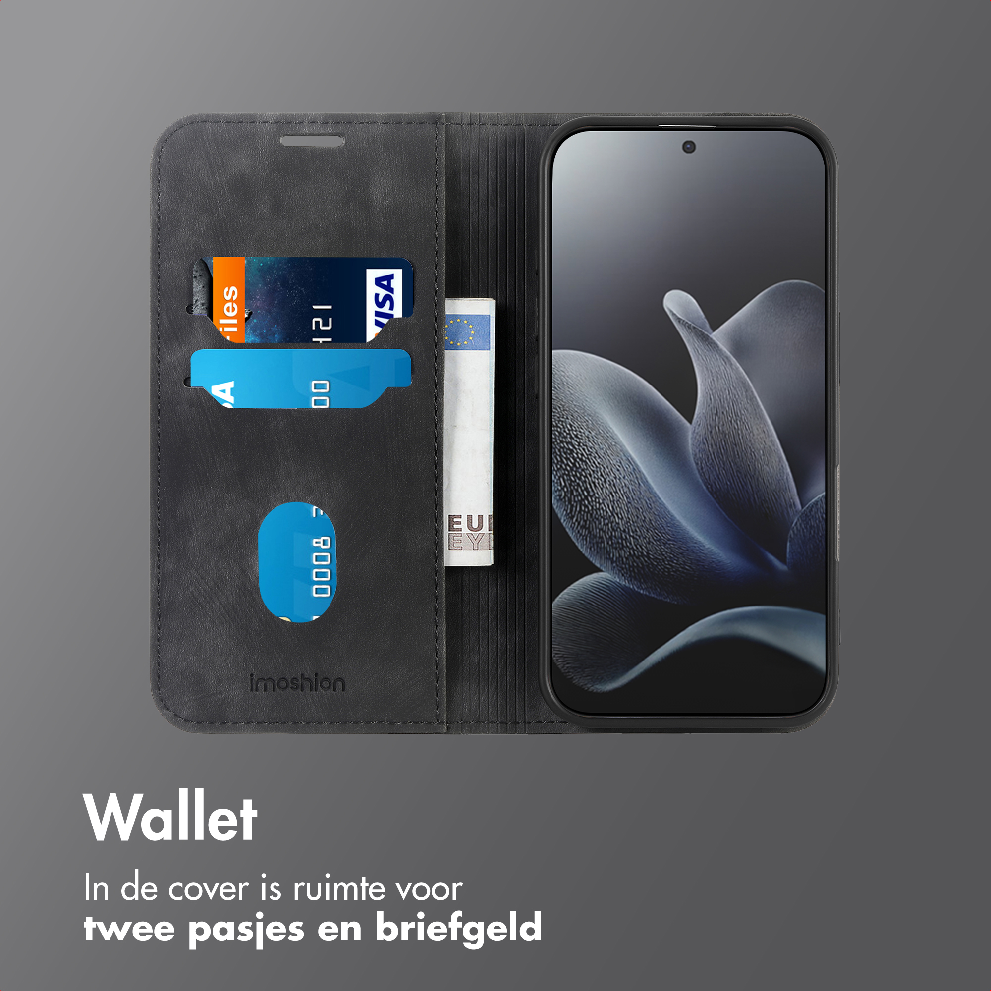 Un téléphone dans un portefeuille en cuir, avec cartes de crédit et argent. L'écran du téléphone est visible.