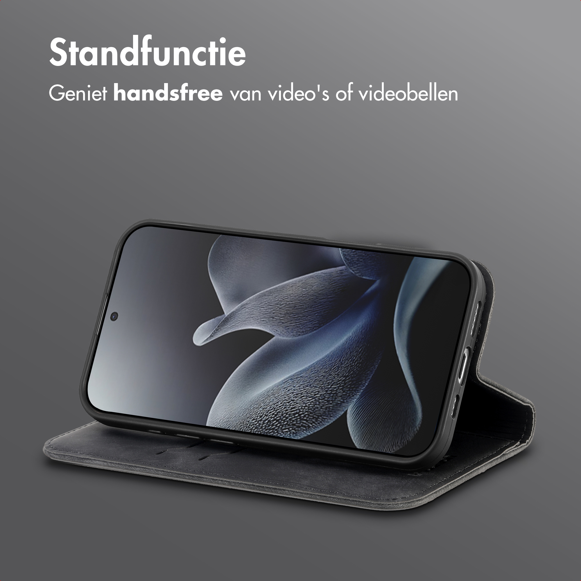 Un téléphone dans un étui noir est ouvert, montrant un écran. Texte en haut : 'Fonction support'.