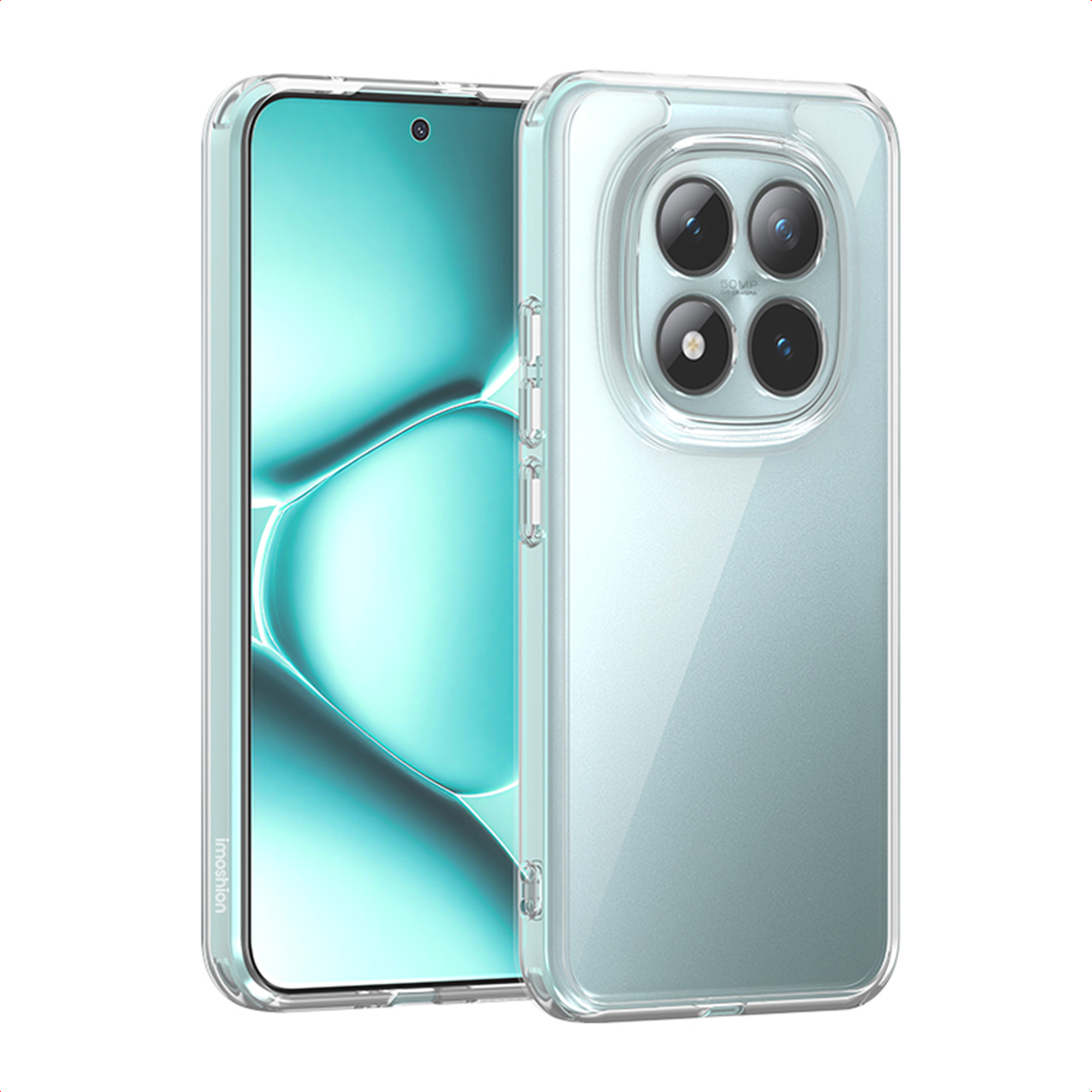Una custodia trasparente per telefono, che mostra lo schermo e la disposizione della fotocamera. Il telefono è di colore azzurro-verde chiaro.