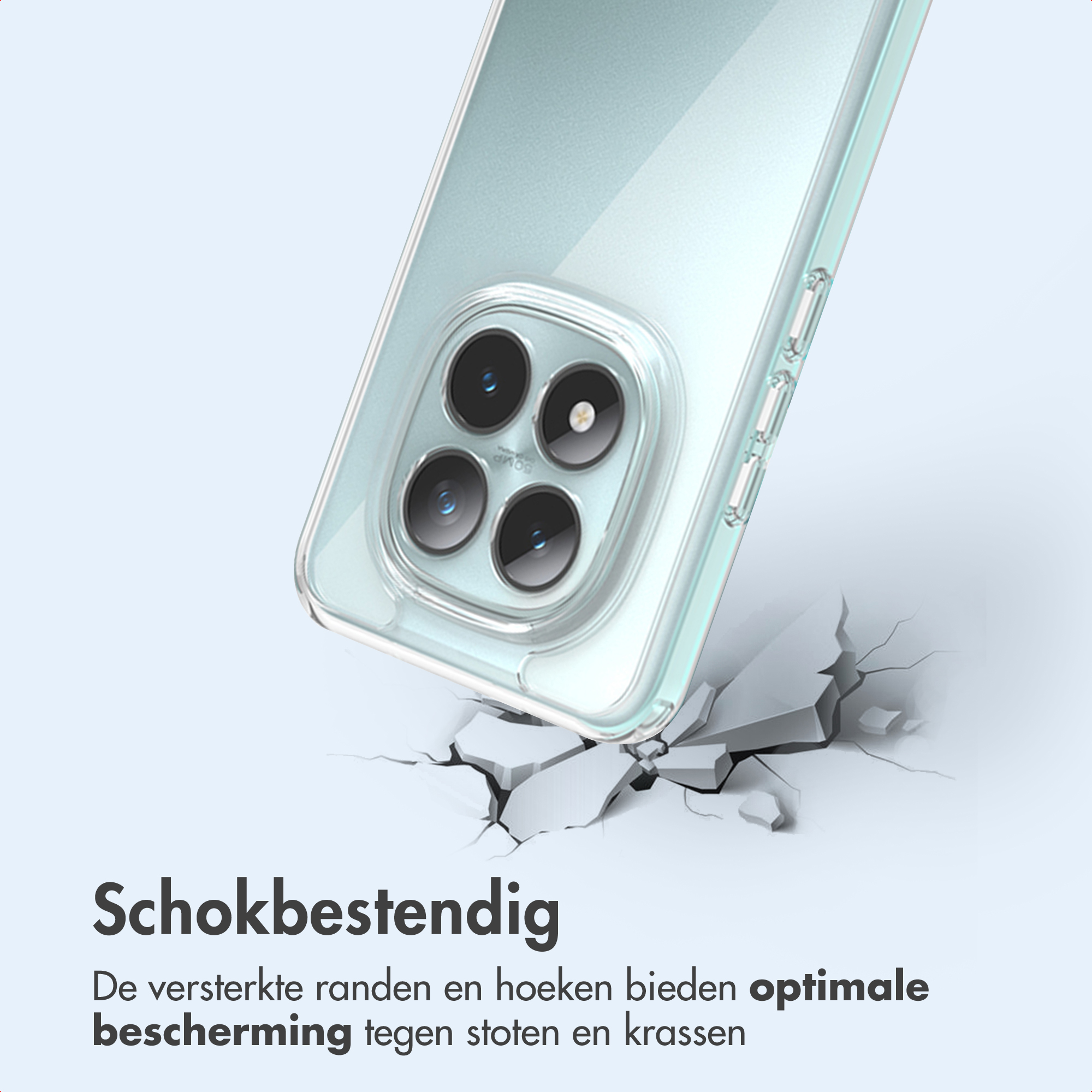 Una custodia per telefono sta cadendo su una superficie incrinata. La custodia è trasparente, rivelando le lenti della fotocamera.