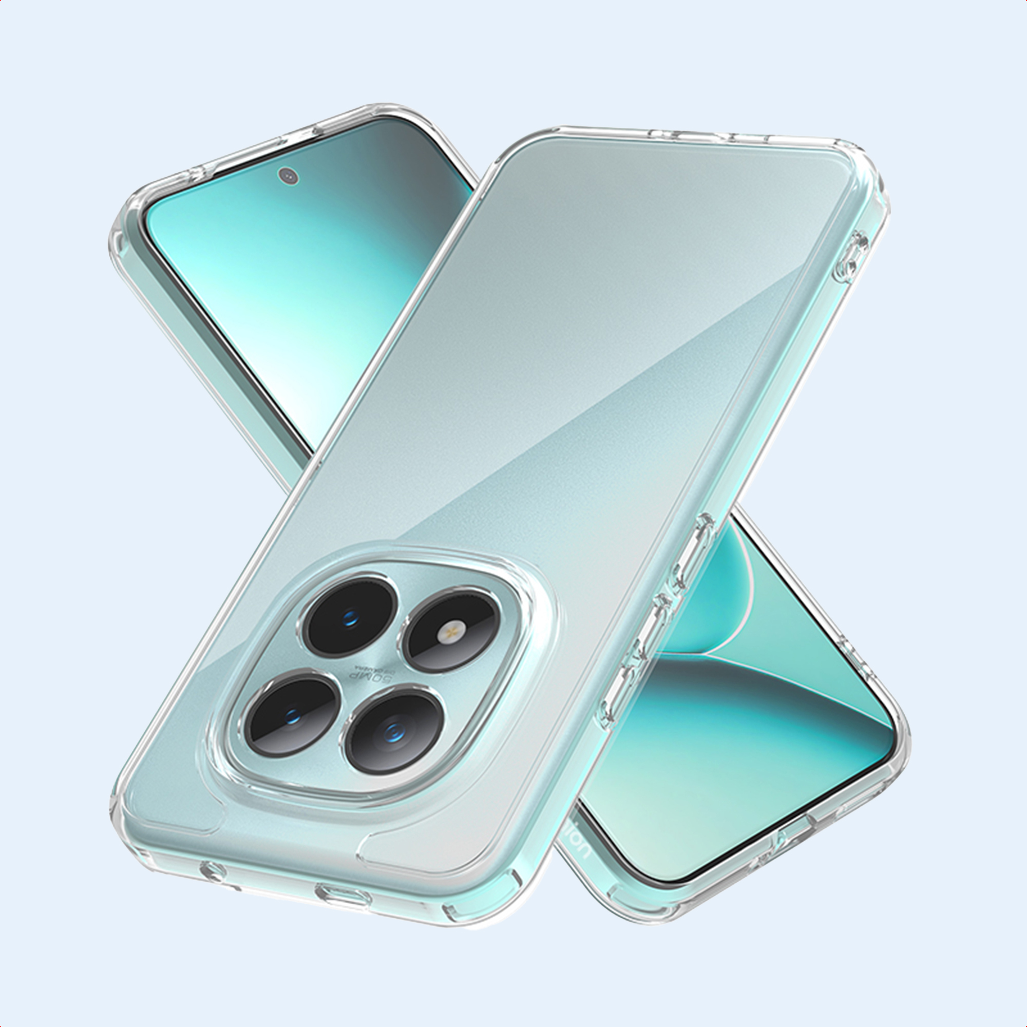 Due custodie trasparenti per telefono su sfondo azzurro. Una davanti, mostra l'area della fotocamera.