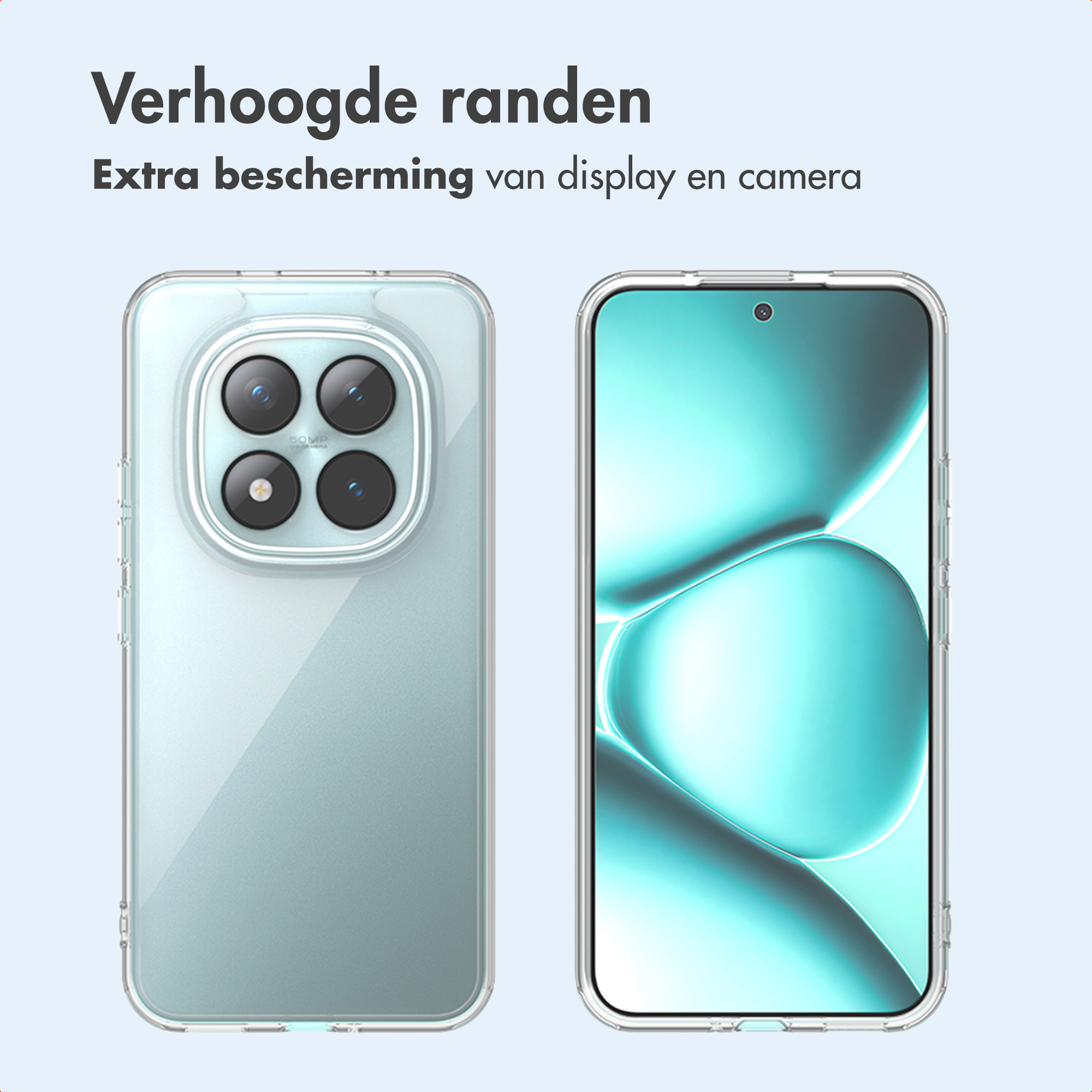 L'immagine mostra una custodia per telefono. La custodia è trasparente e protegge lo schermo e la fotocamera. Lo sfondo è azzurro.