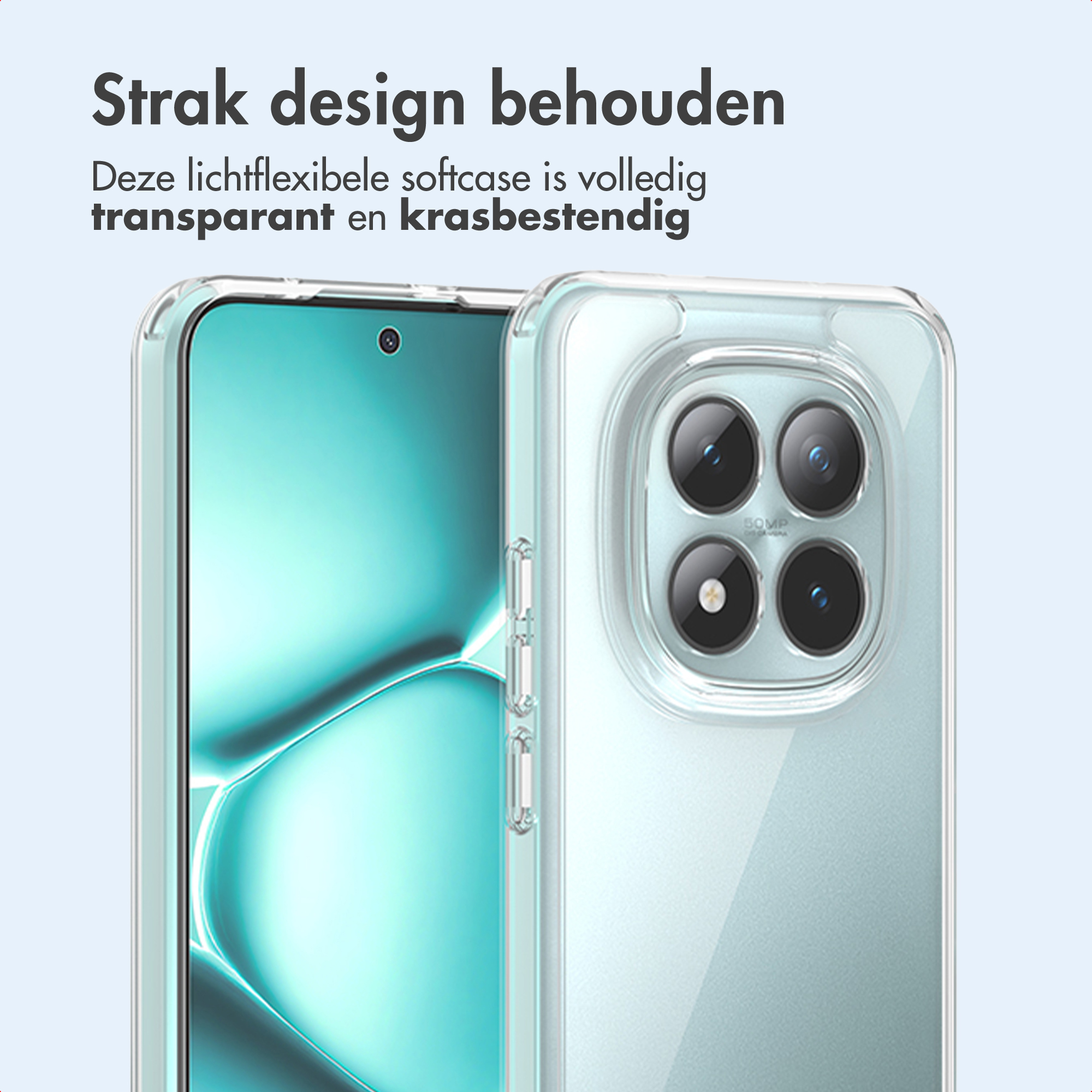 Una custodia trasparente protegge uno smartphone. La custodia è trasparente e antigraffio. Il telefono ha più fotocamere.