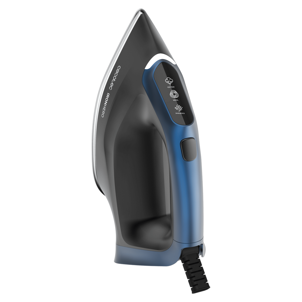 Un moderno ferro da stiro nero e blu. Ha impostazioni per cotone, lana e sintetici. Il marchio è Cecotec IronHero.