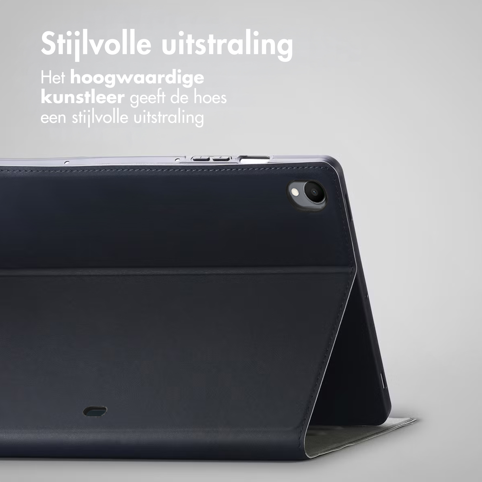 Dark blue tablet case, partially open, against a light gray background. Text in Dutch at the top.