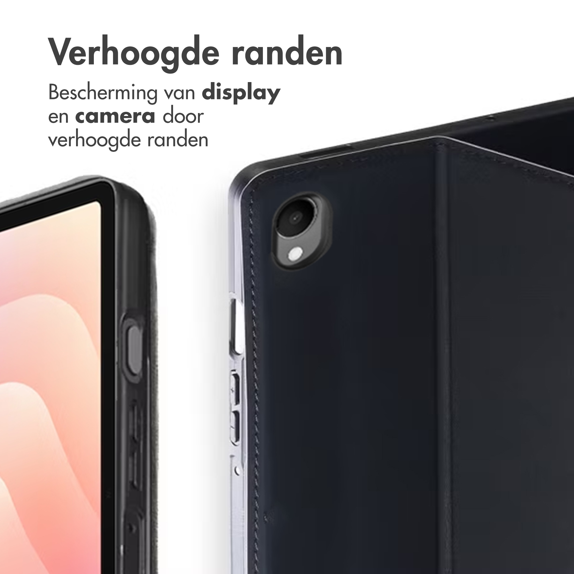 Close-up of a tablet in a case. The case is black, with raised edges. Text on top says 'Raised edges'.