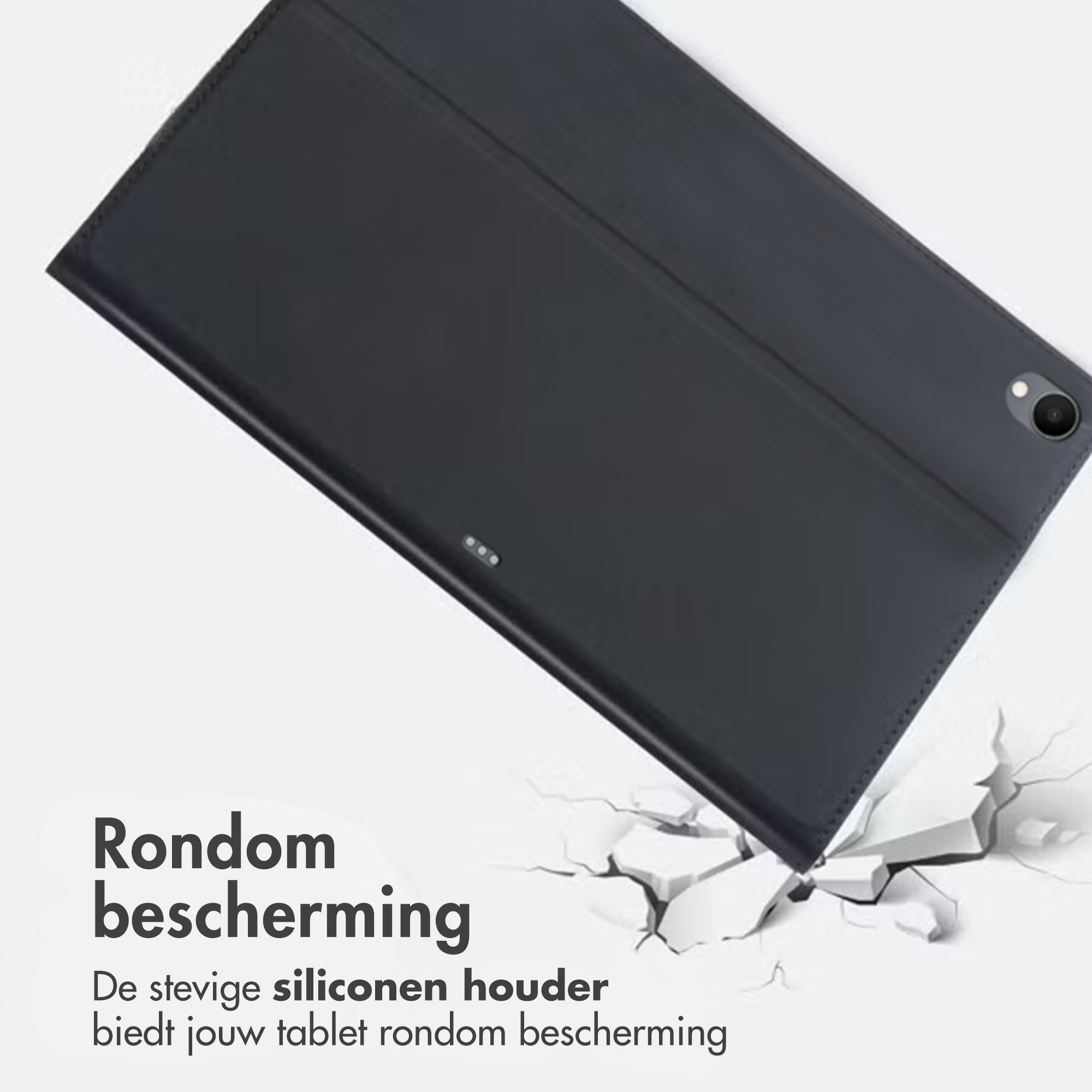 A dark tablet case rests on a white surface with text. The case is angled, with a camera visible. Text reads 'Rondom bescherming'.