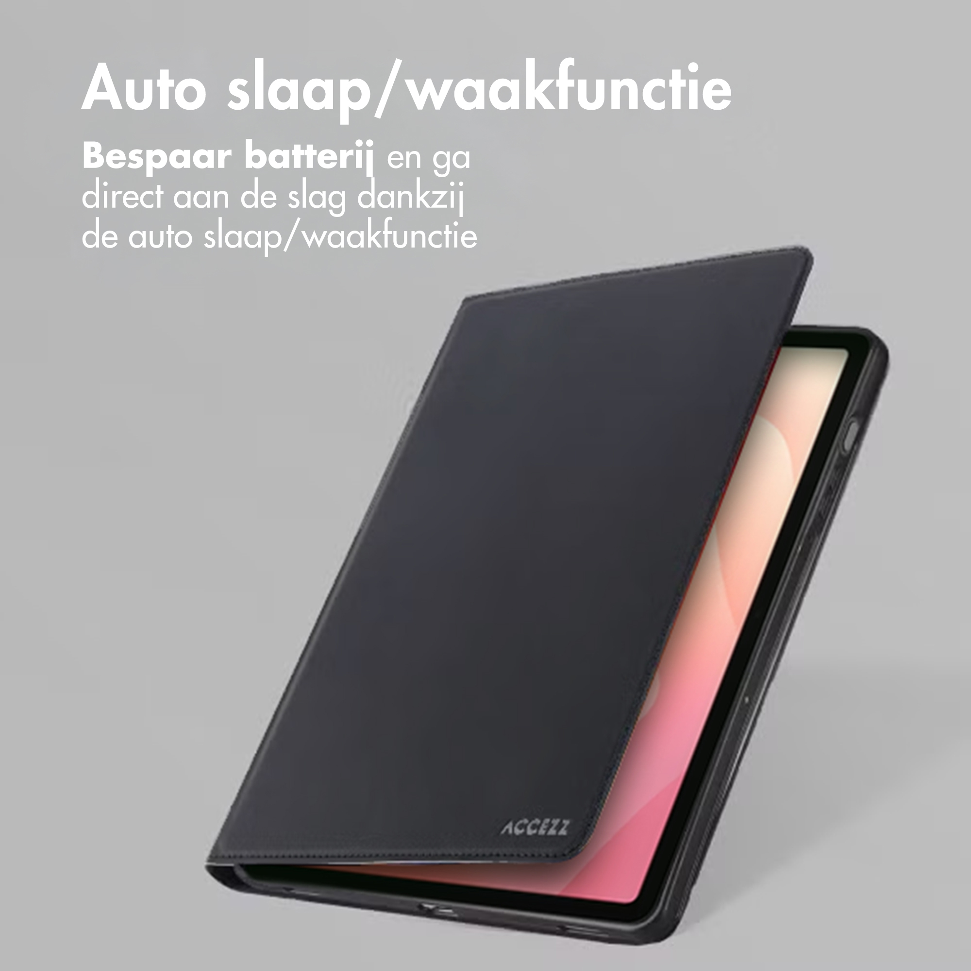 Black tablet case partly open. Text: Auto sleep/wake function, save battery.