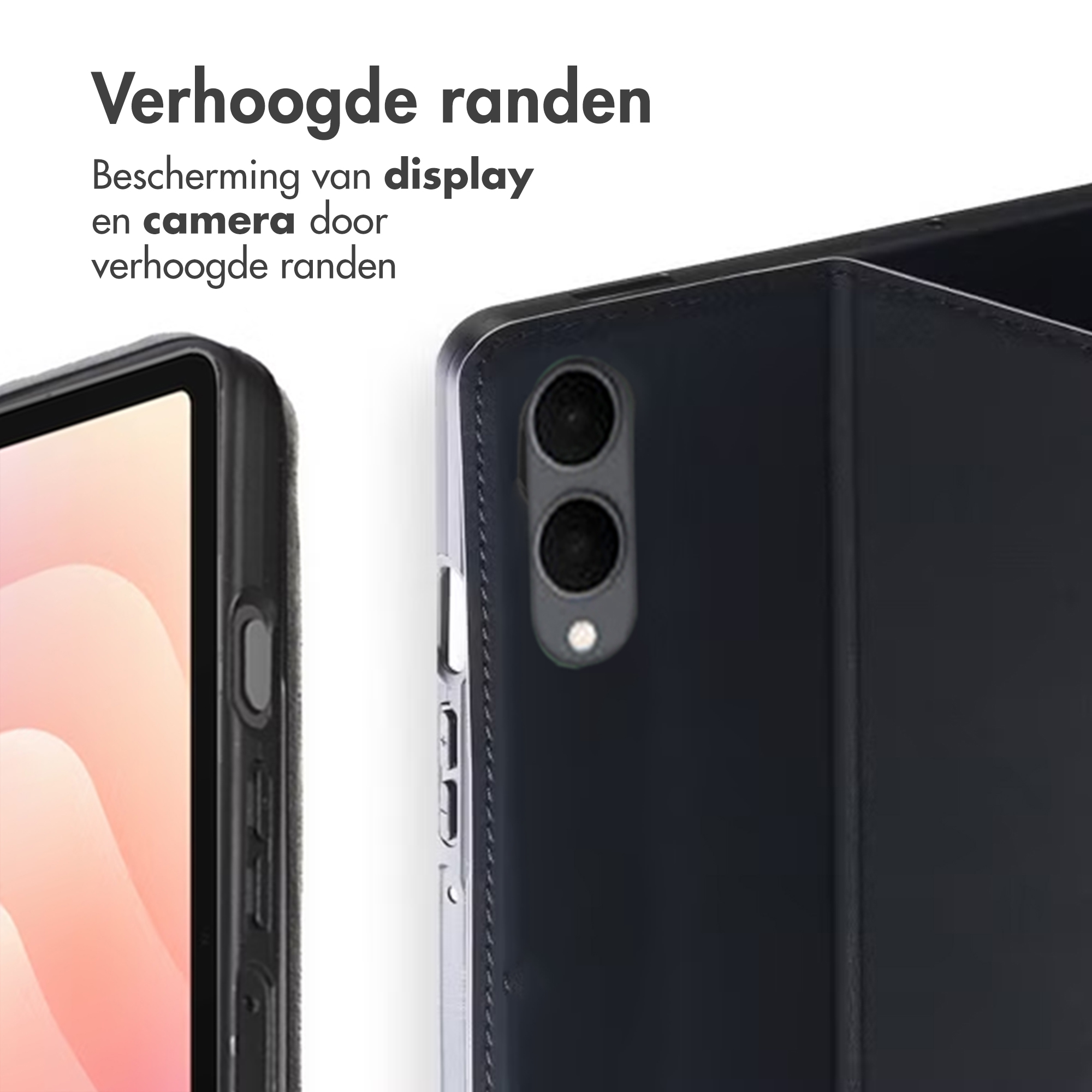 Close-up of a black phone case with raised edges. The image highlights camera protection.