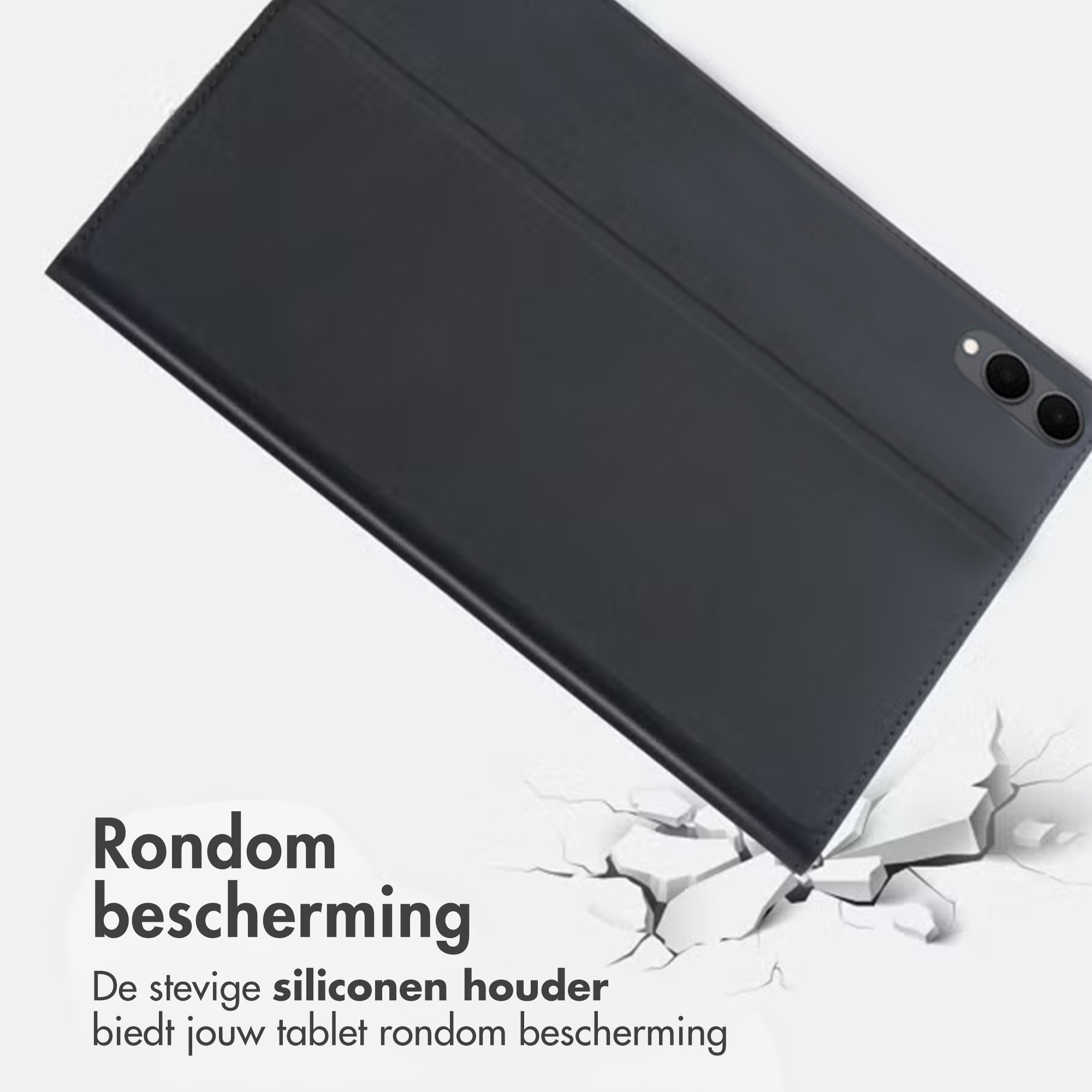 A dark tablet case rests on a cracked surface. Text reads: "Rondom bescherming" and "stevige silicone houder".