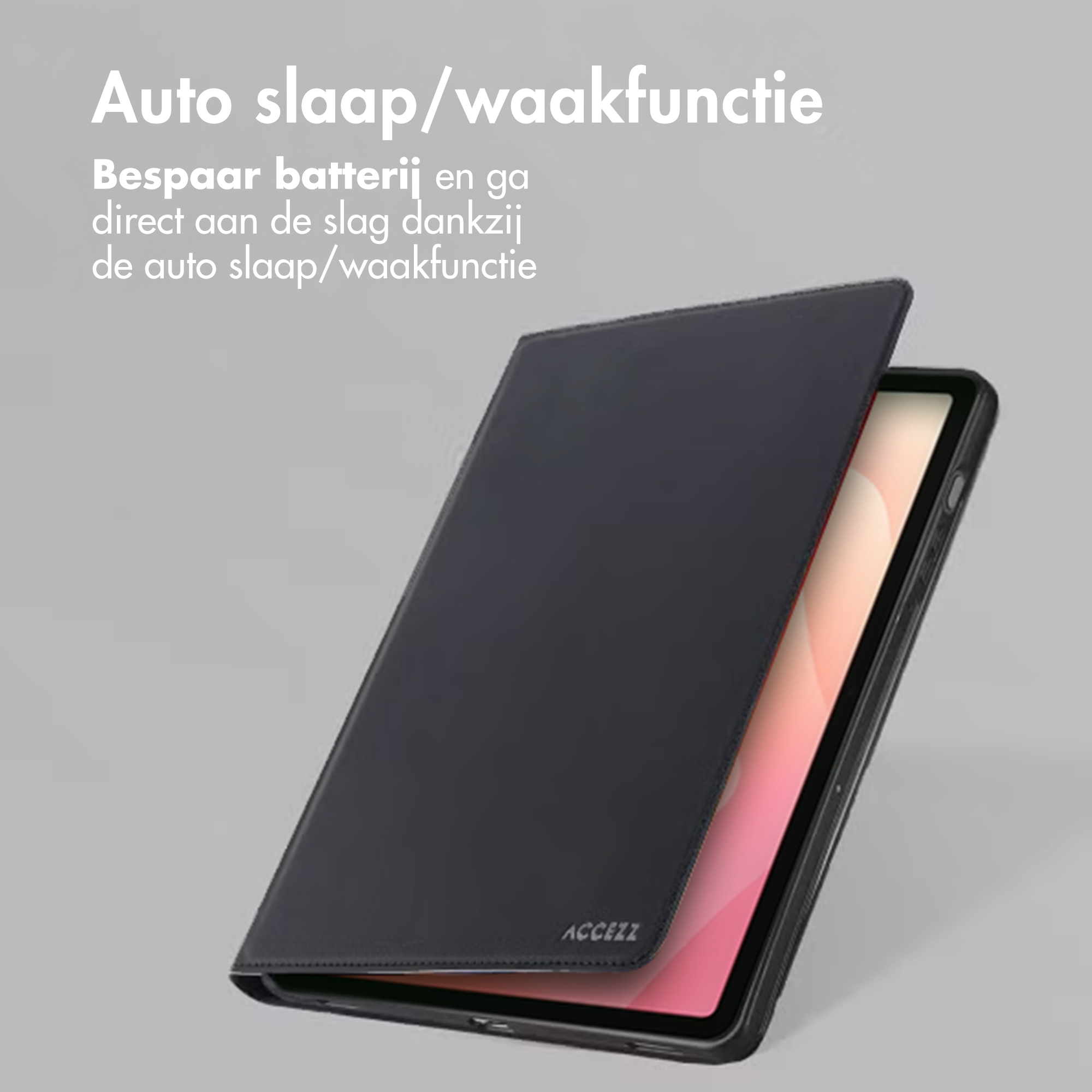 Black tablet case slightly open, revealing a pink screen. Text at the top says 'Auto sleep/wake function'.