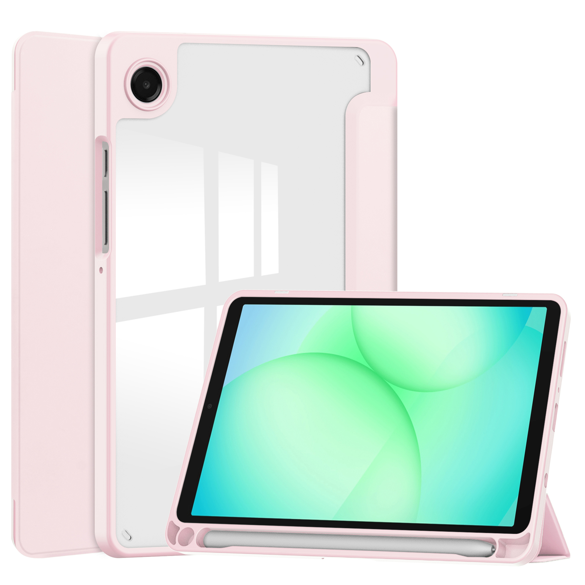 Een roze tablethoesje met een tablet erin. Het scherm toont groene bollen. Een stylus is bevestigd.