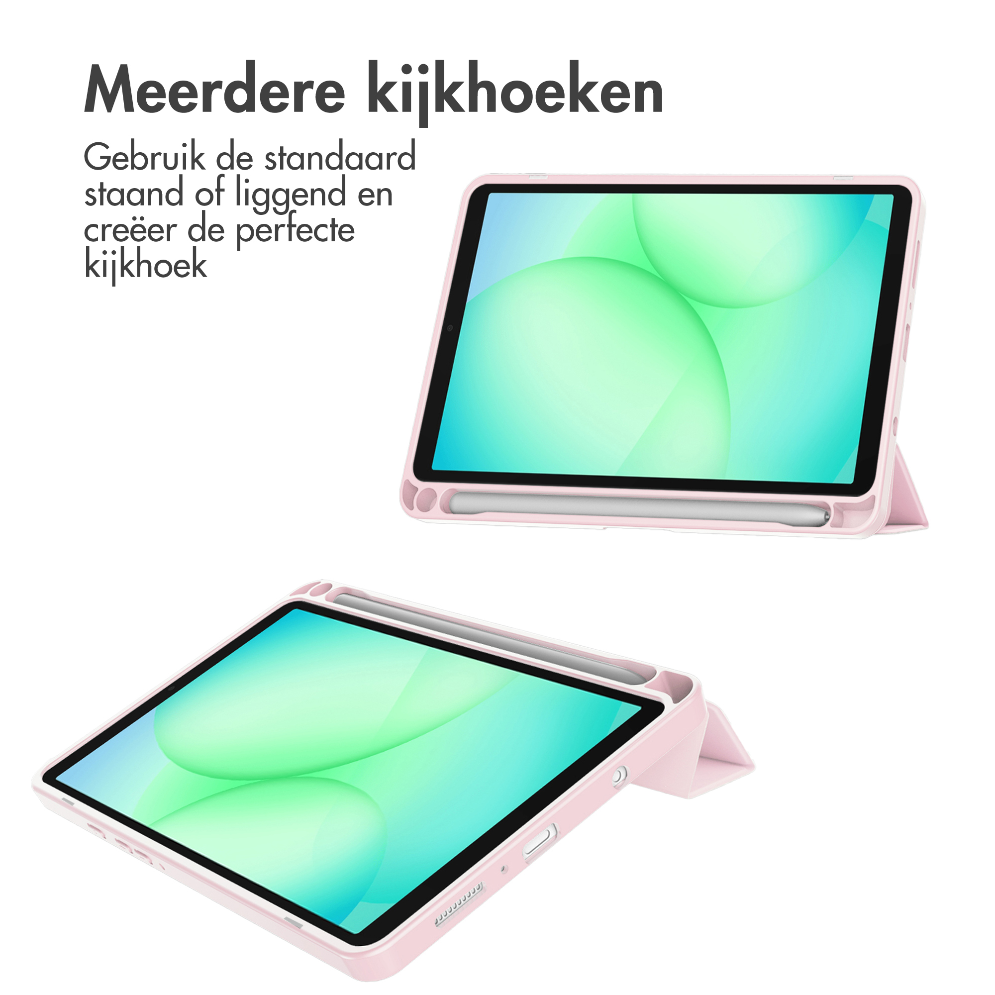Twee roze tablethoezen op een witte achtergrond. Eén is open en toont het scherm. Tekst bovenaan.