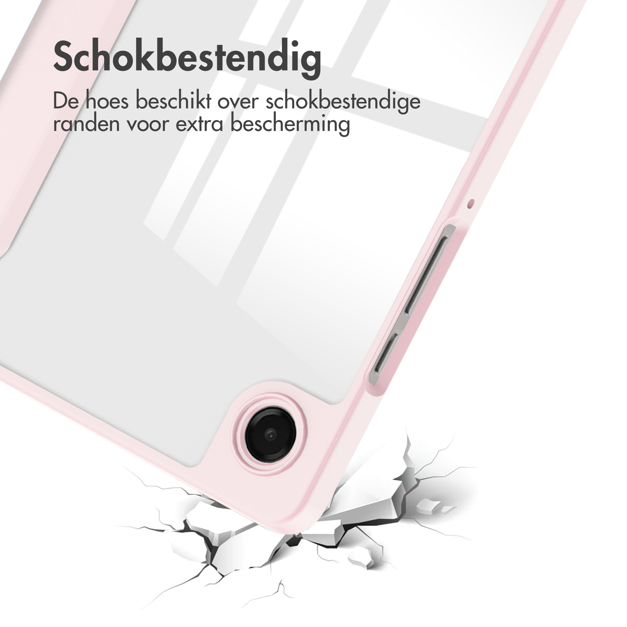 Roze telefoonhoes valt, impact op een wit oppervlak, waardoor scheuren ontstaan. Tekst: Schokbestendig.