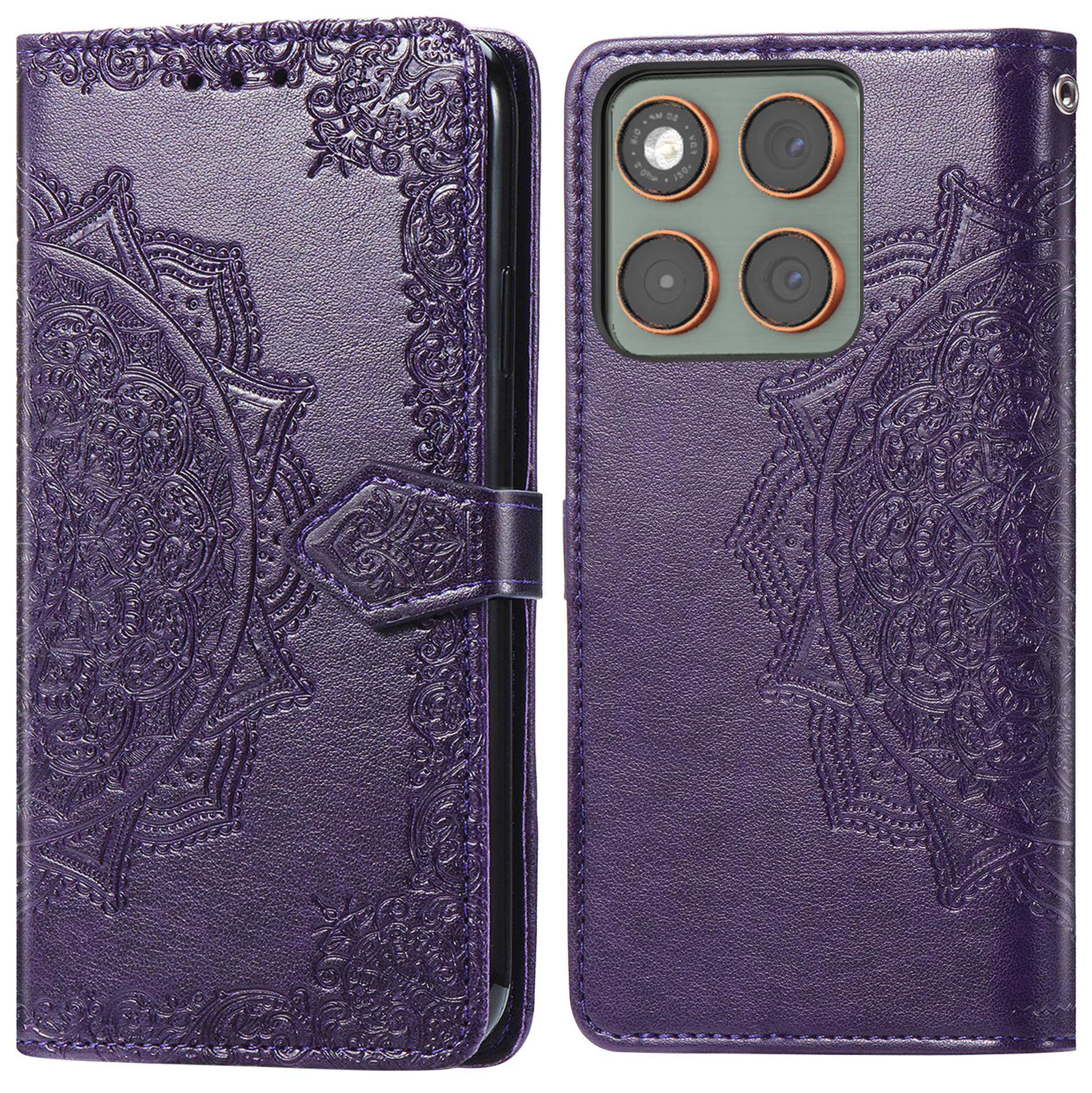 Paarse telefoonhoes met mandala-ontwerp. Beschikt over een telefoon, open en gesloten. De hoes heeft een magnetische sluiting.