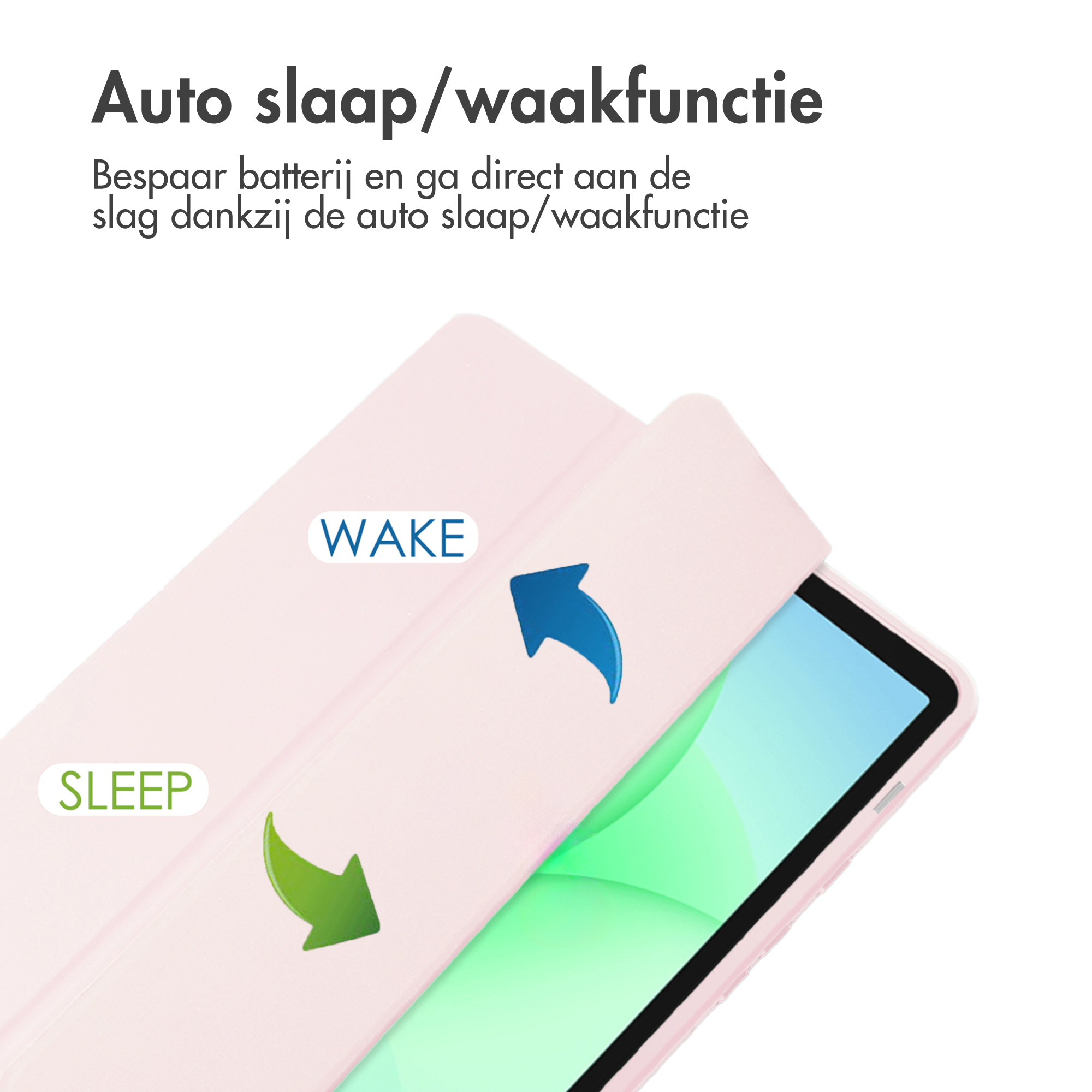 Een tablet in een roze hoes met pijlen die slaap- en wekfuncties aangeven. Tekst in het Nederlands.