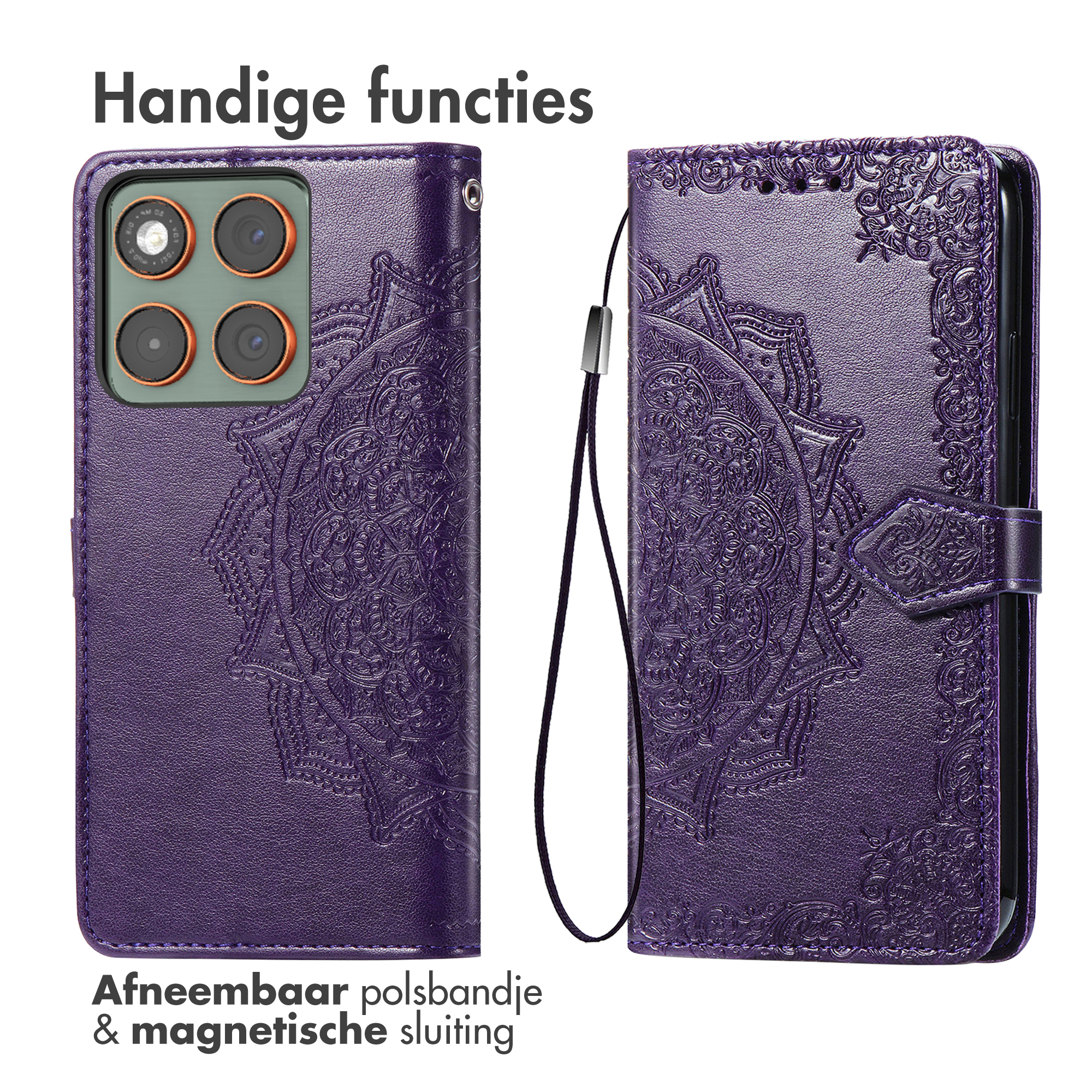 Paarse telefoonhoes met mandala-ontwerp. Voorzien van polsbandje en magneetsluiting. Tekst: Handige functies.