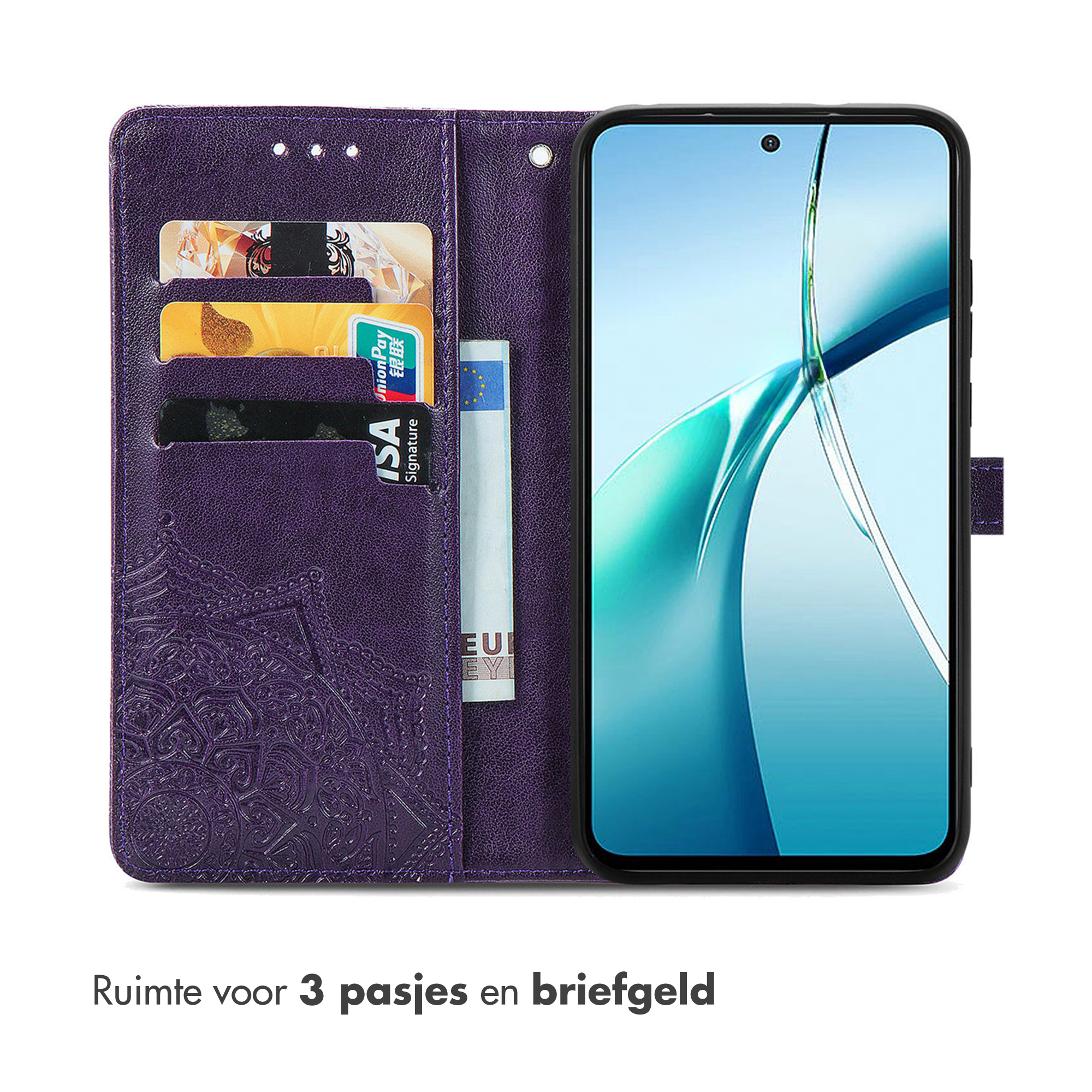 Paarse telefoonhoes met telefoon. Hoes heeft kaartsleuven met kaarten en contant geld. Nederlandse tekst: Ruimte voor 3 kaarten en contant geld.