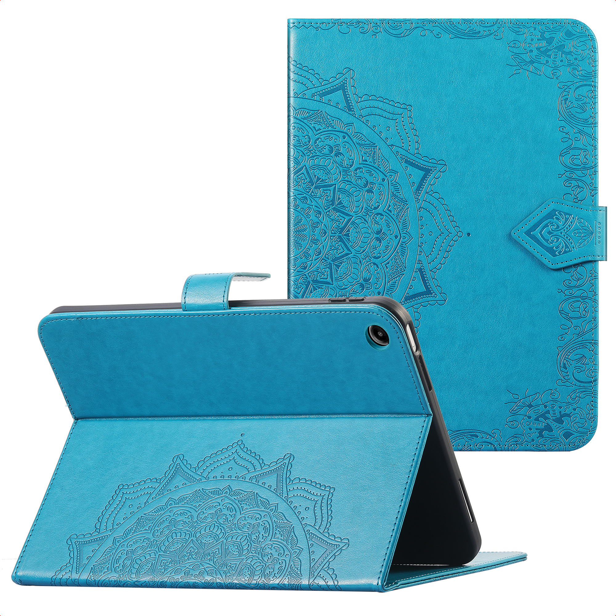 A teal tablet case with a mandala design. The case is open, showing the tablet. The background is white.