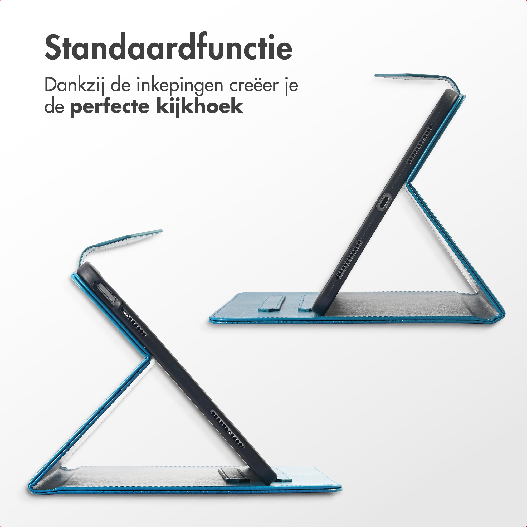 Two tablets in blue cases are displayed at different angles, demonstrating stand functionality against a white background.