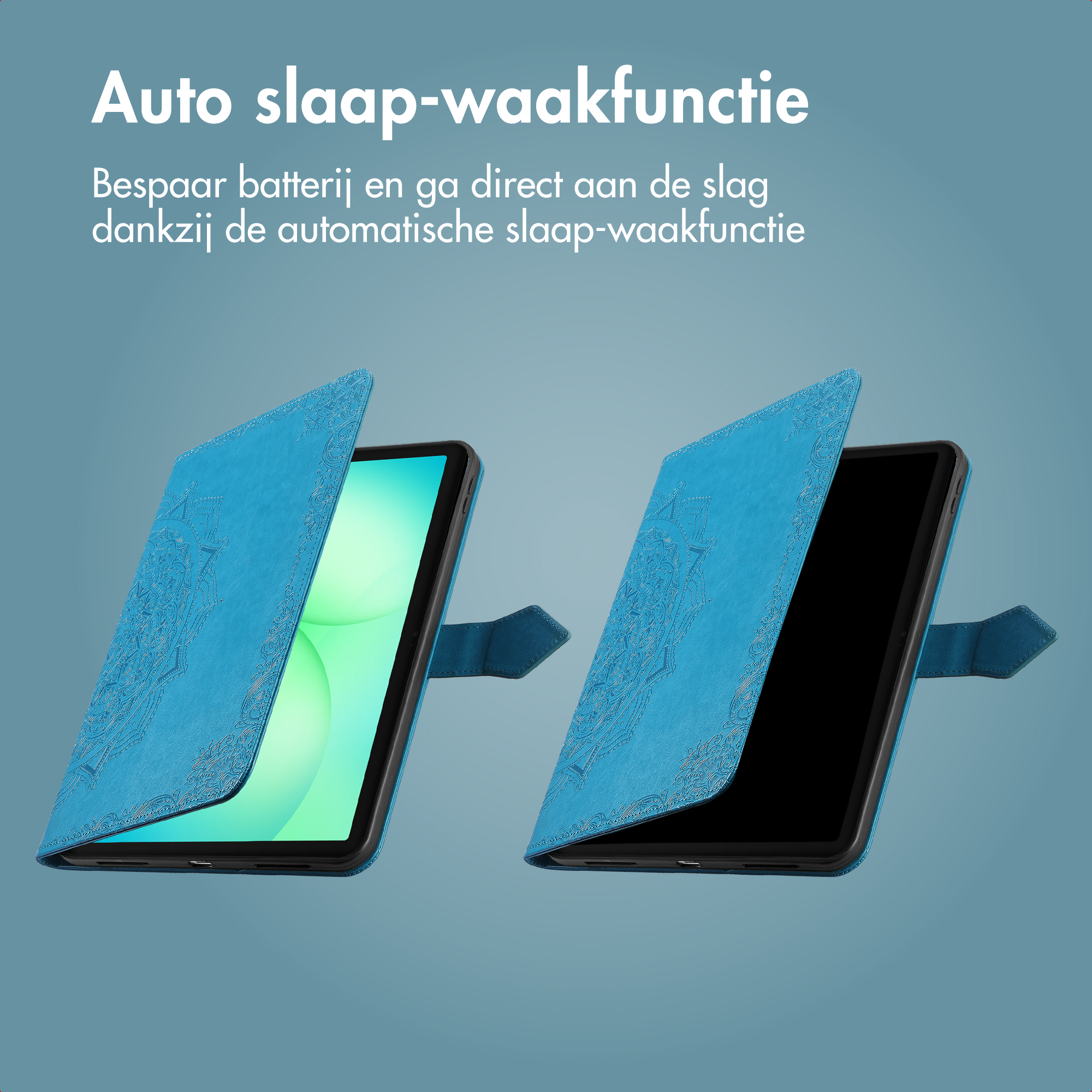 Two tablets with blue covers, one open, one closed, on a blue background. Text at the top.