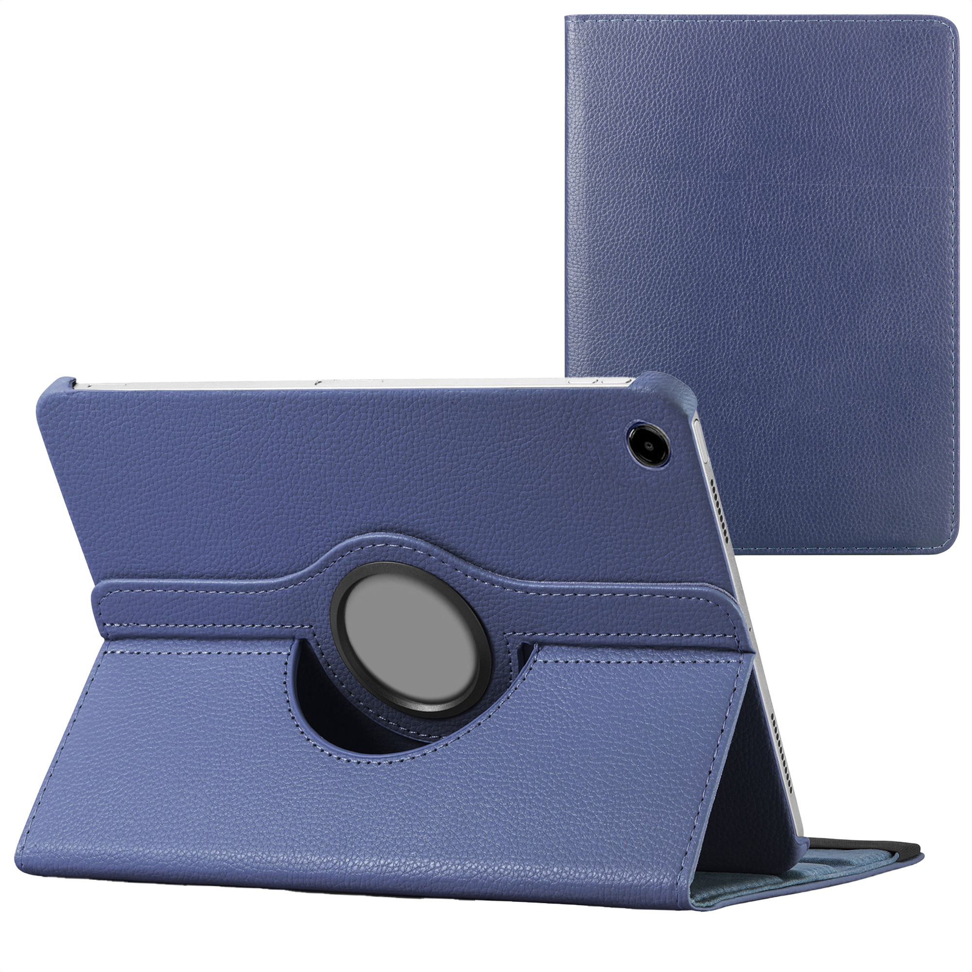Une housse de tablette bleue avec un support. L'étui est ouvert, montrant l'écran, et un autre étui fermé est visible.
