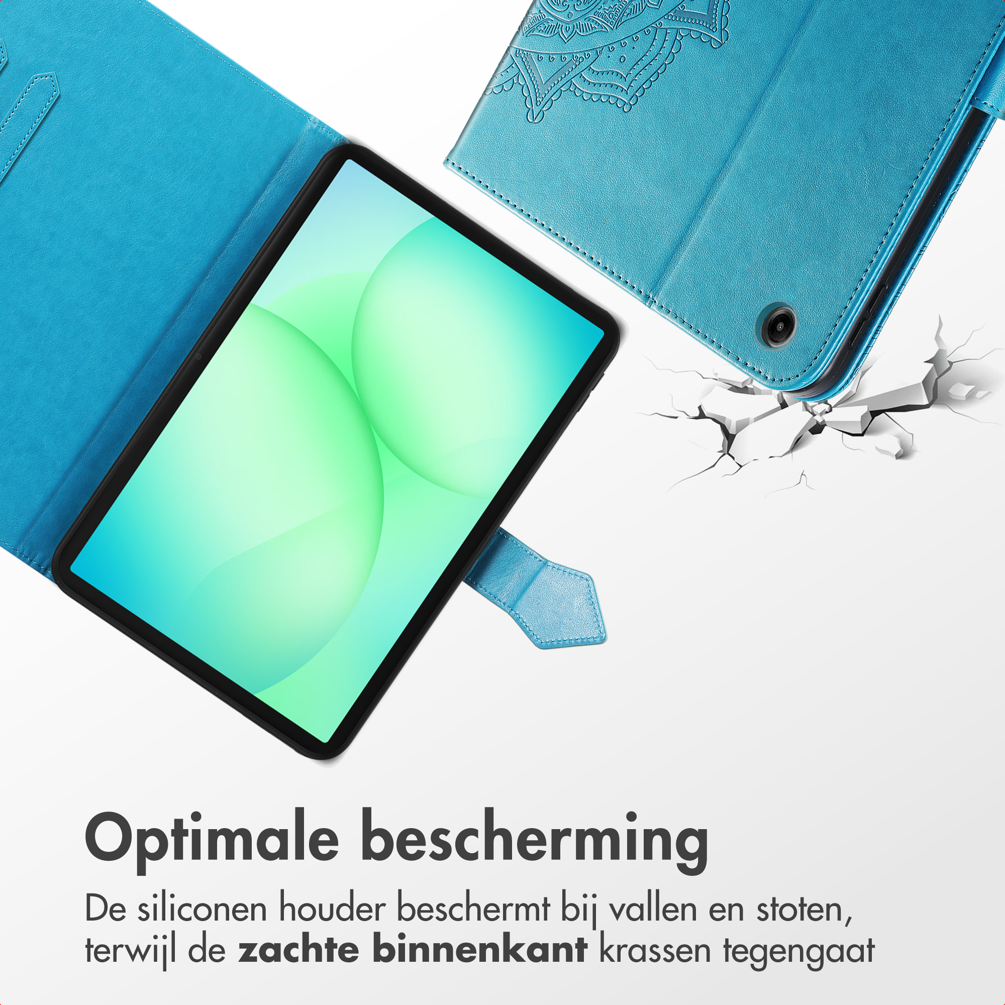 Tablet in a blue case, open. The screen shows a green gradient. The case has a floral design and a tab.