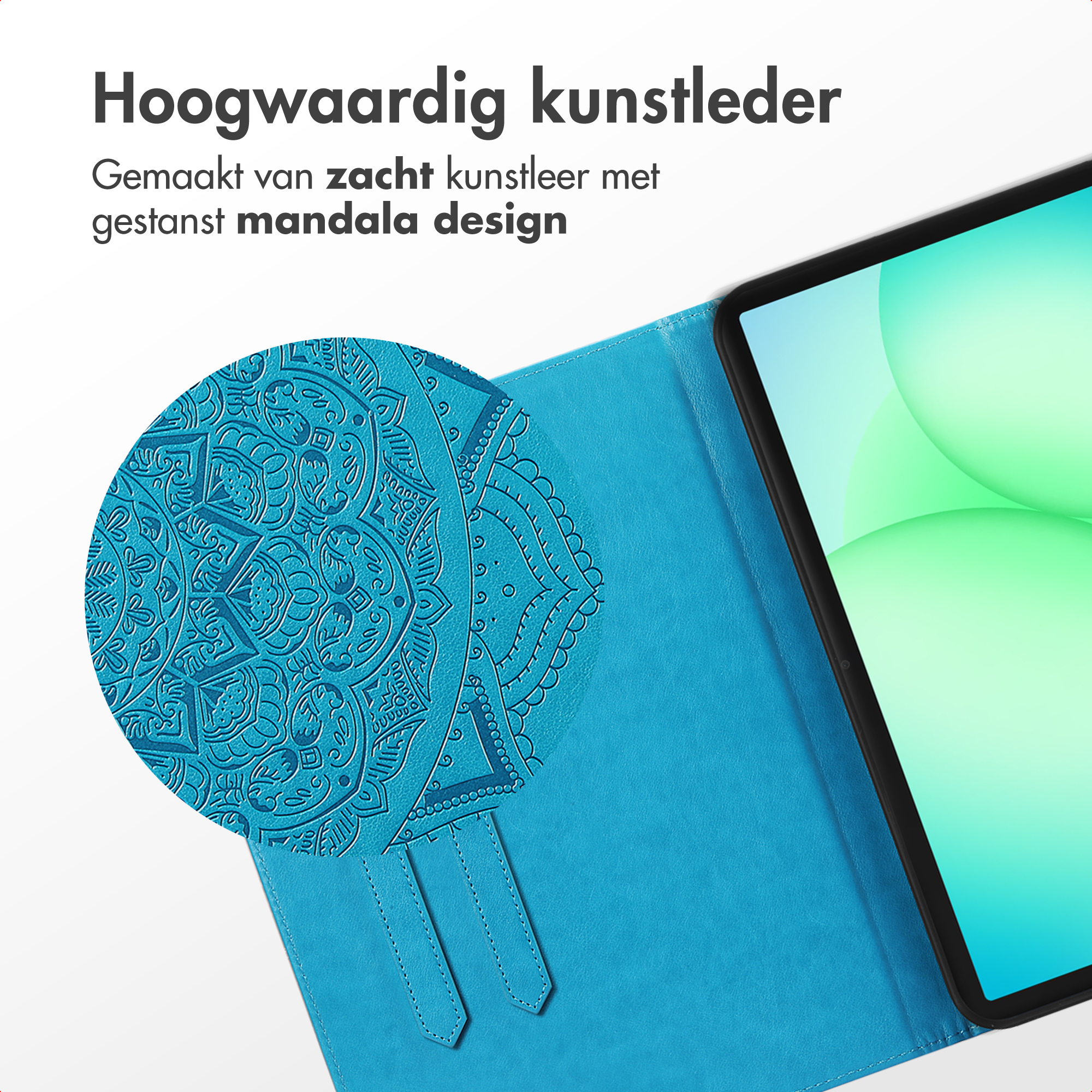 A blue tablet case with a mandala design. The tablet screen is visible, showing a light green gradient.