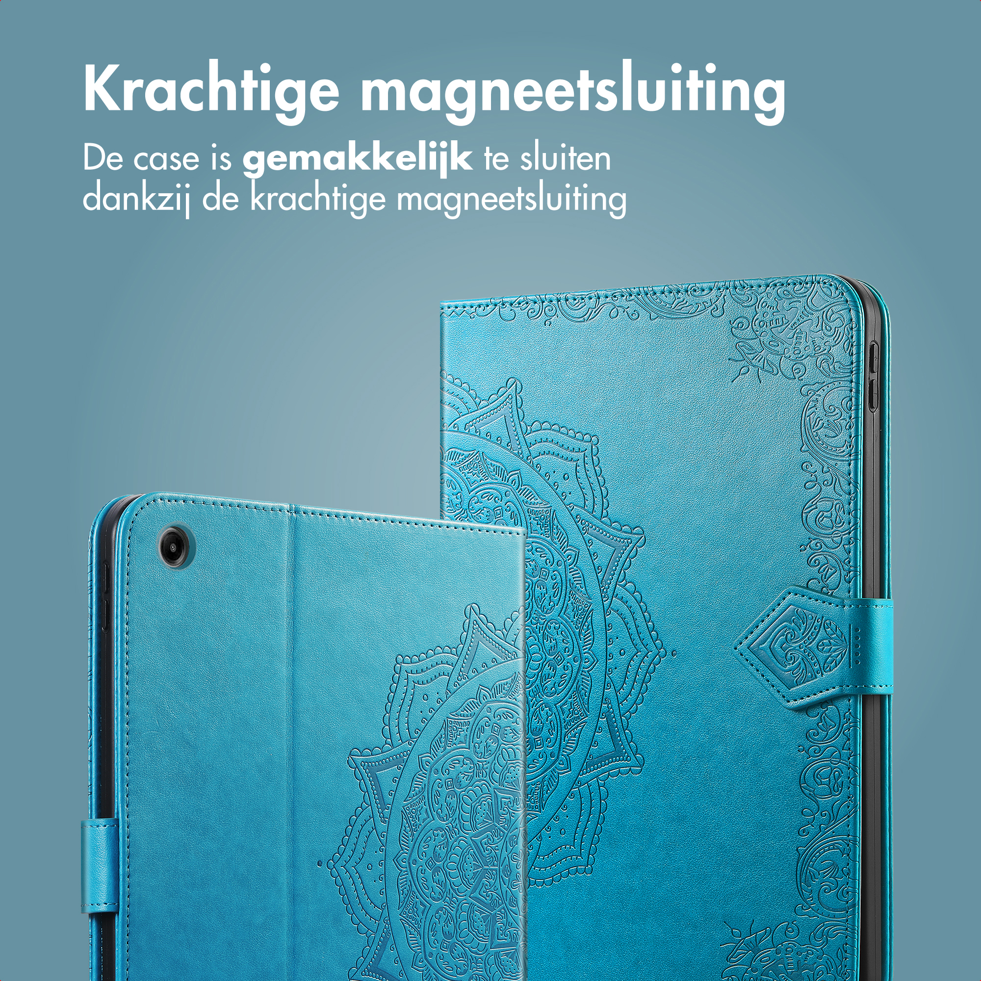 Two blue tablet cases with mandala designs. One is open, displaying the interior. Text: 'Magnetic closure'.