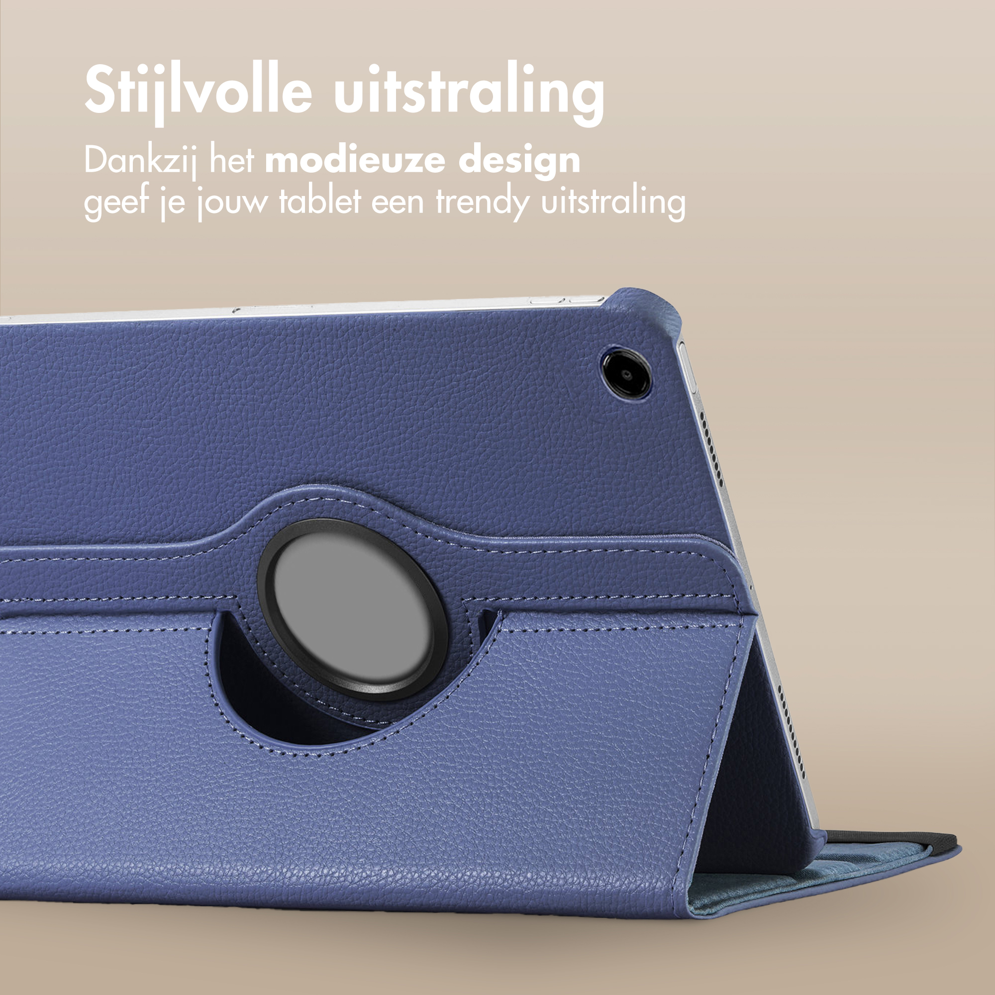 Un étui de tablette bleu est ouvert, montrant la tablette. L'étui a une surface texturée et une poignée circulaire.