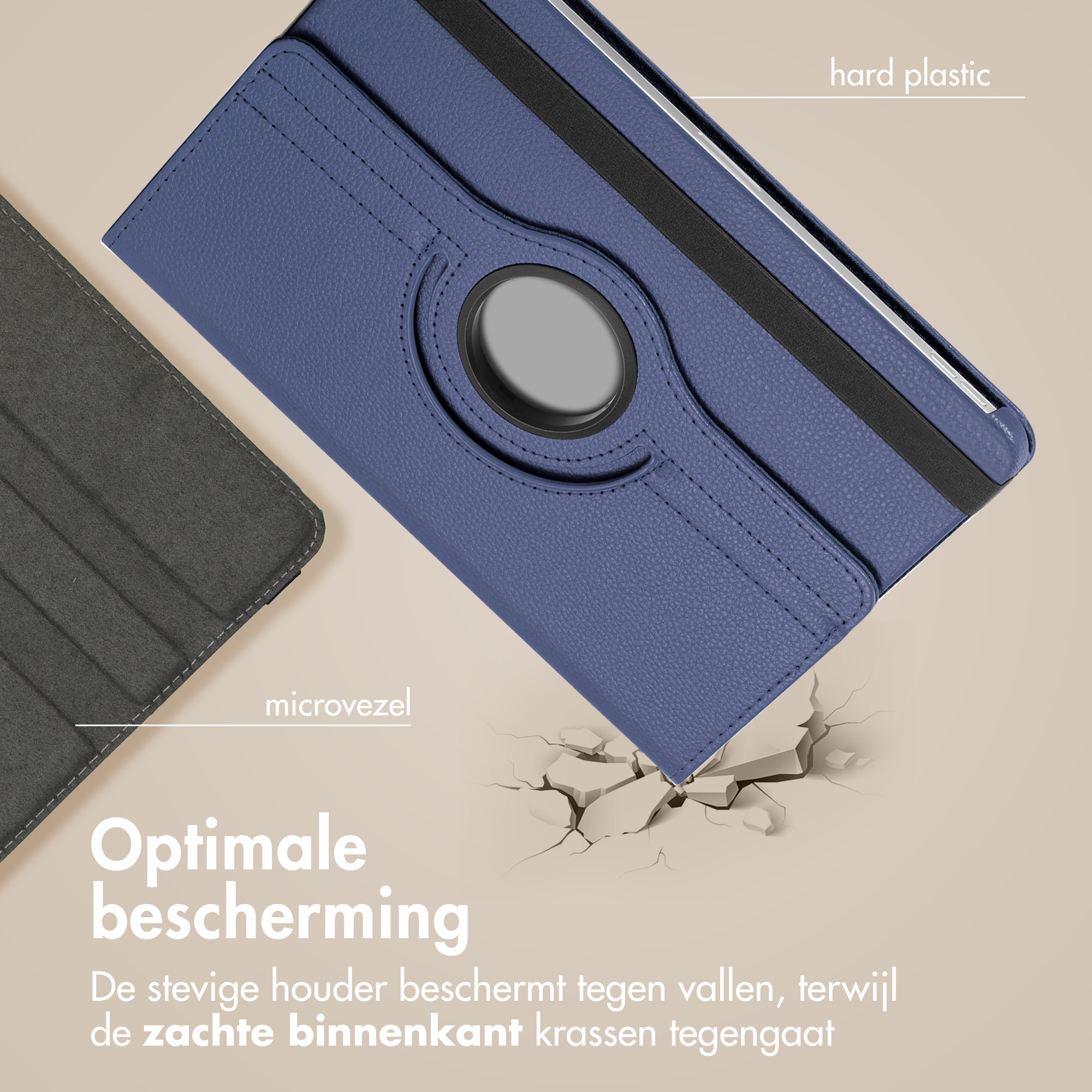 Une housse de tablette bleue avec une sangle noire, microfibre grise et une surface fissurée.