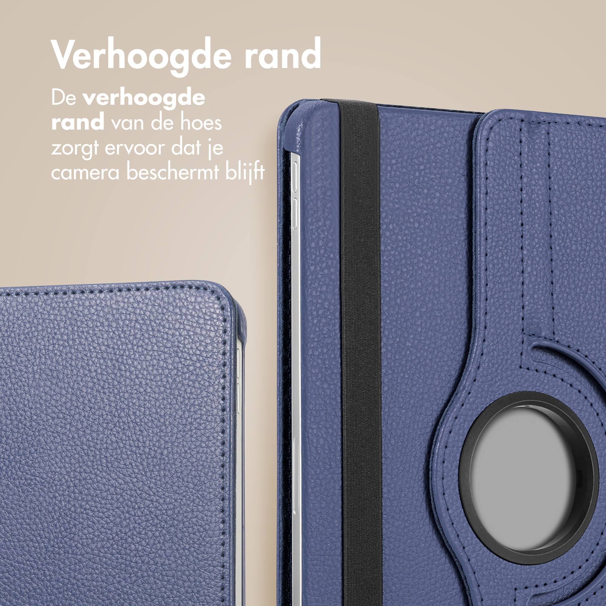 Gros plan sur un étui de tablette bleu avec un bord surélevé. Bande élastique noire et trou pour caméra visibles.