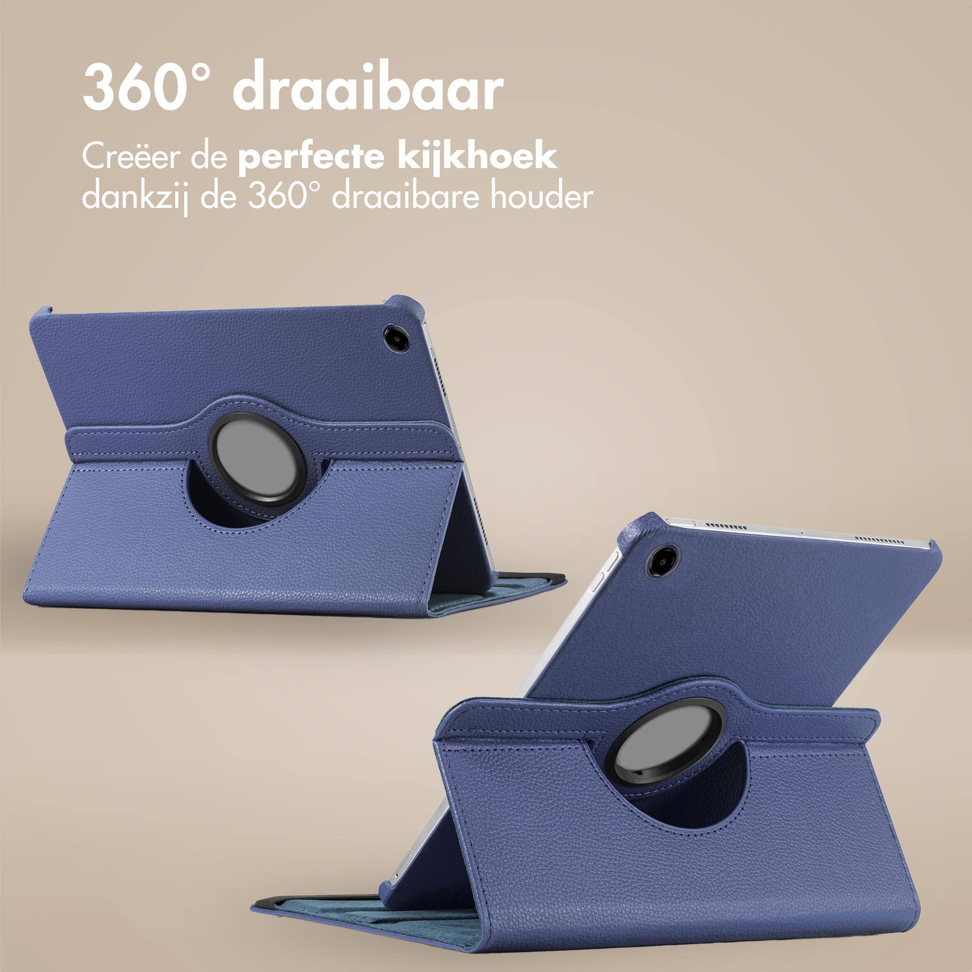 Two blue tablet cases with 360-degree rotation. The background is a soft beige color. Text at the top.