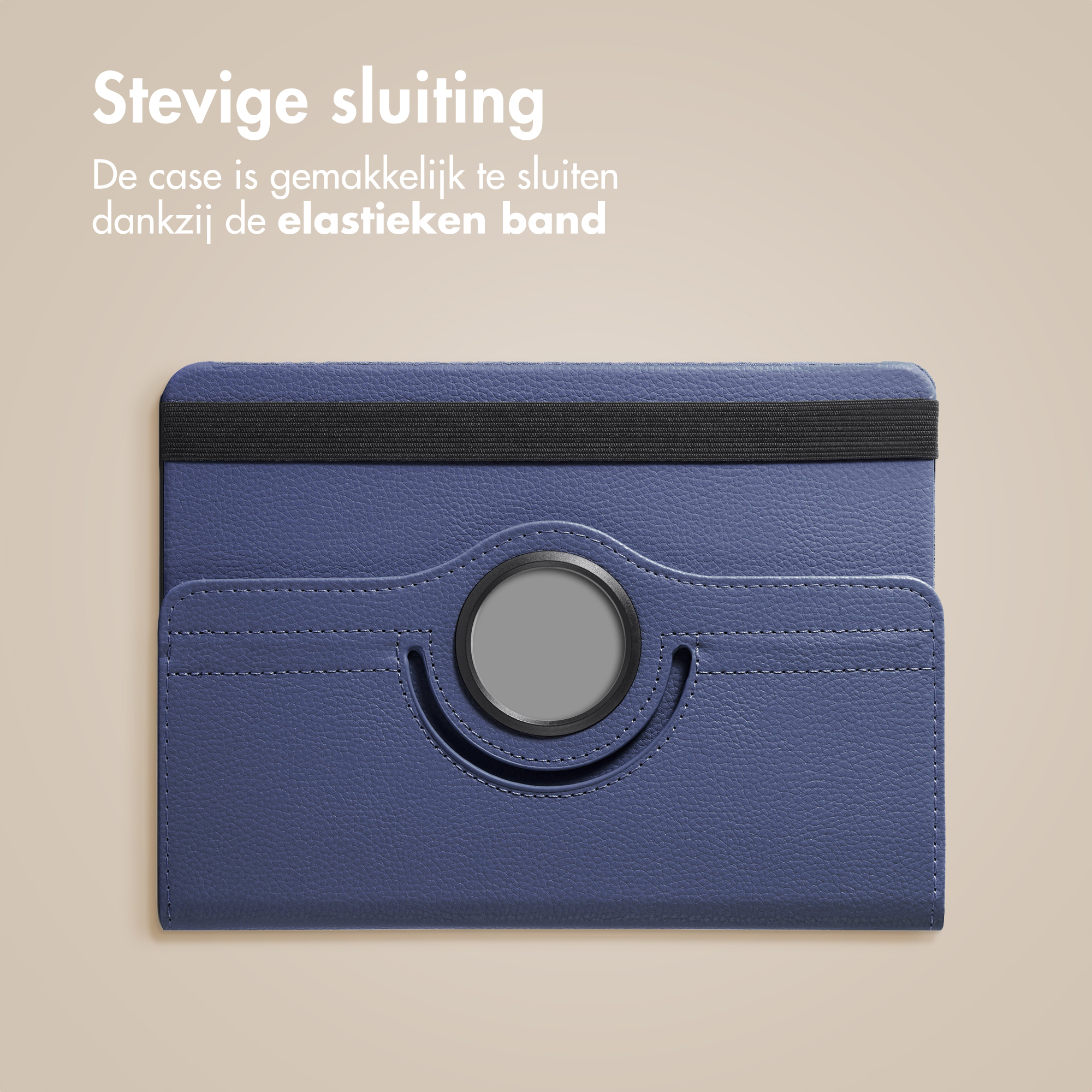 Blue tablet case with black elastic band and a gray circle on a tan background.