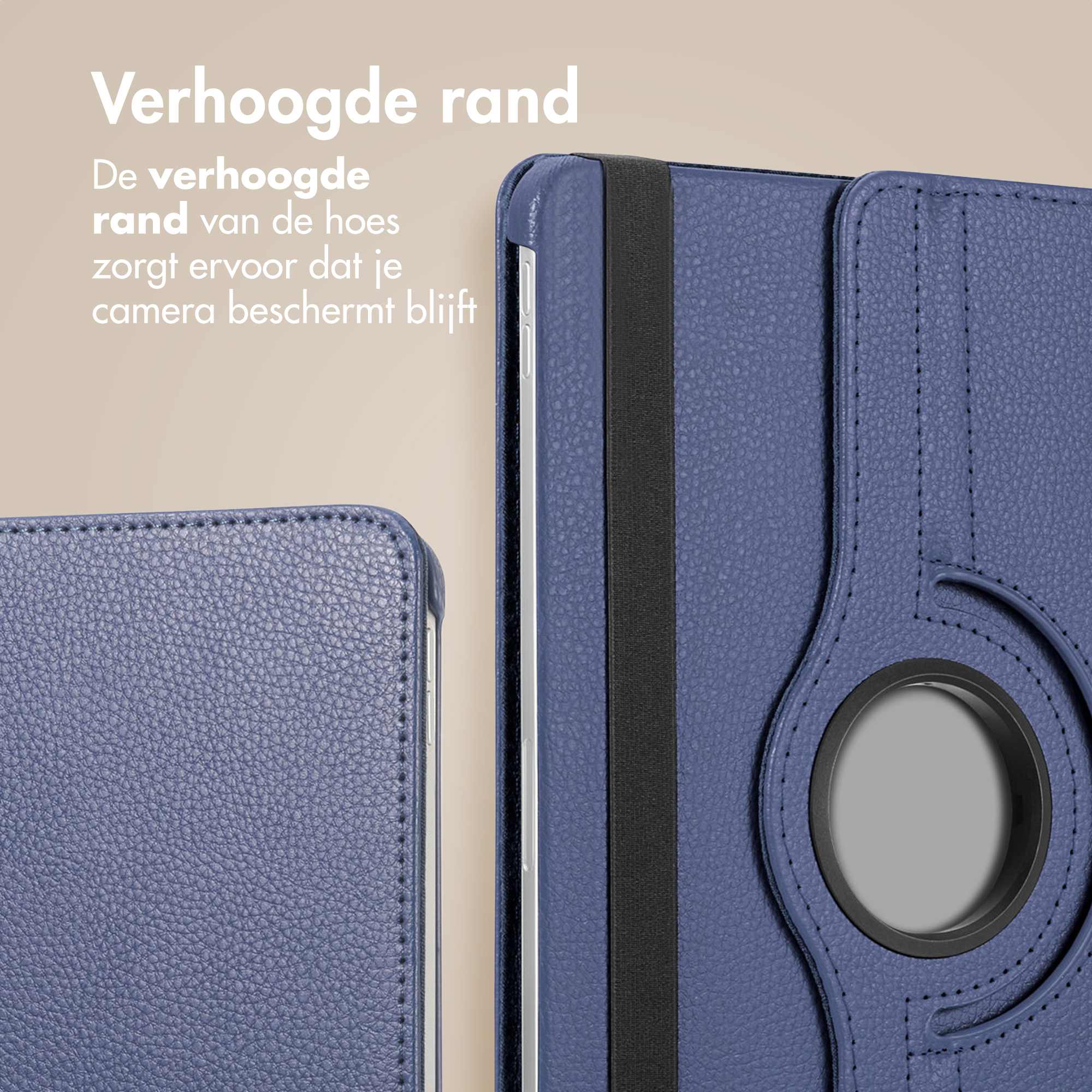 A close-up of a blue tablet case with a raised edge and a black strap, text on top.