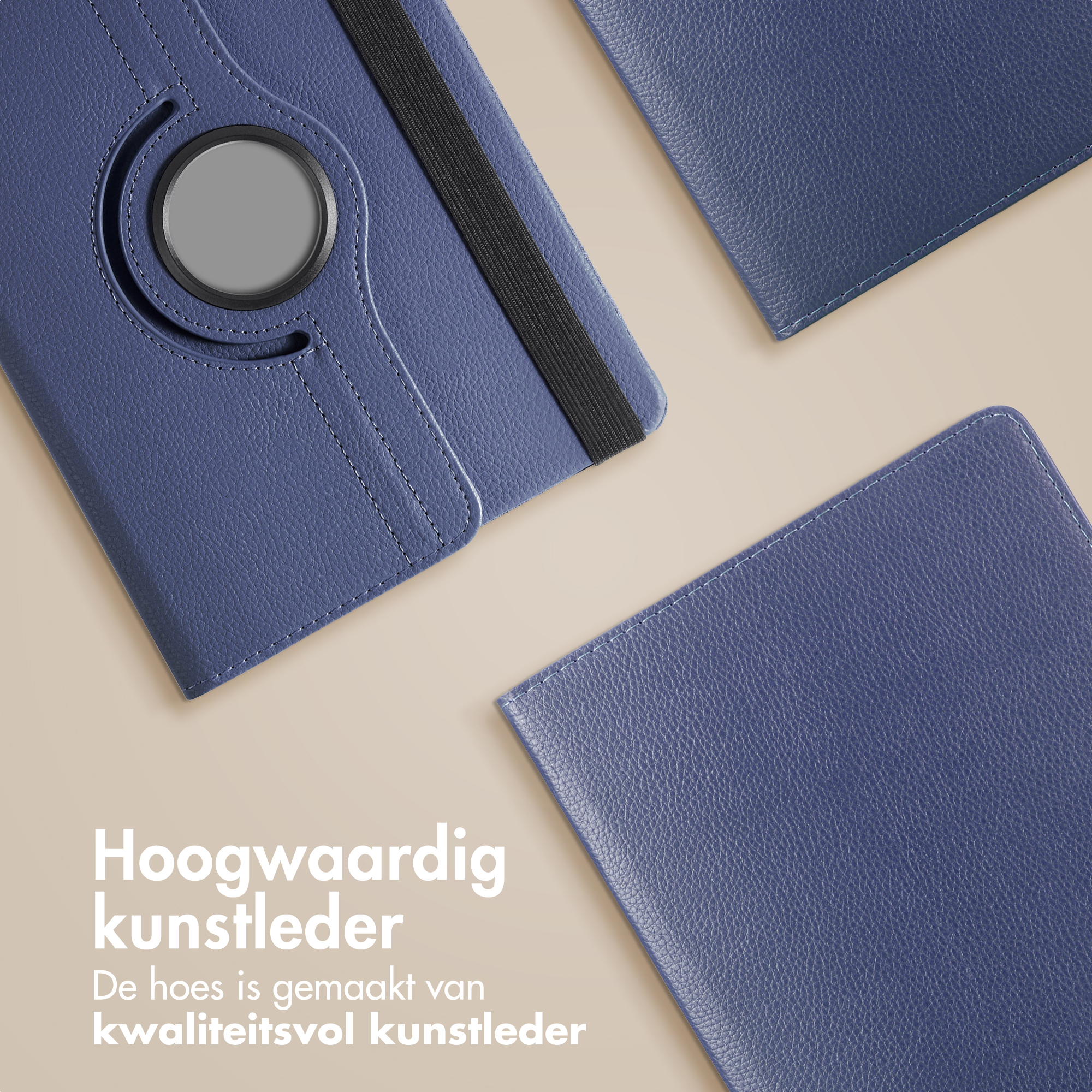 Blue leather tablet covers on beige background. One has a camera hole and elastic. Others are plain.