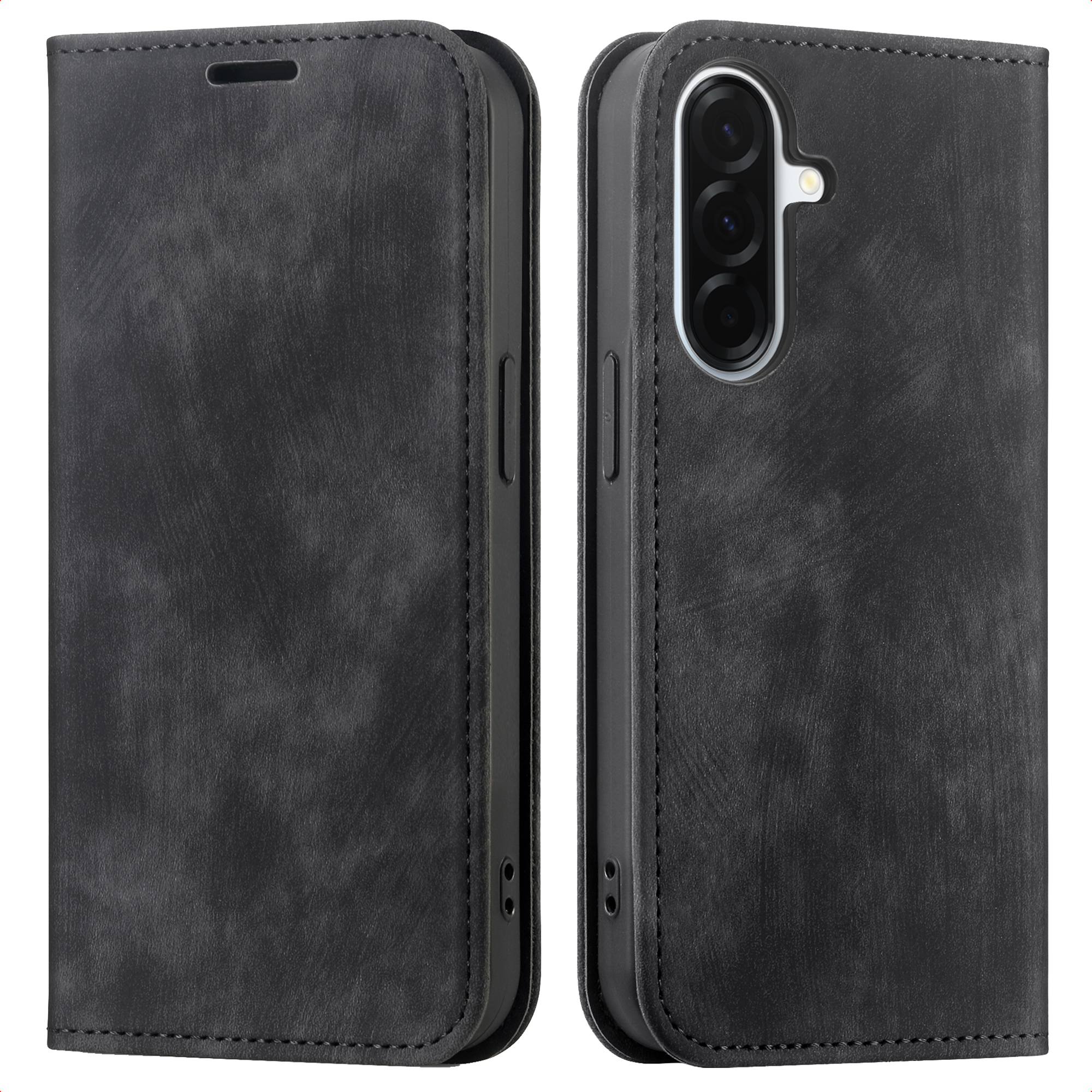 Un étui de téléphone en cuir gris foncé, ouvert pour révéler l'appareil photo, les boutons et l'écran du téléphone.