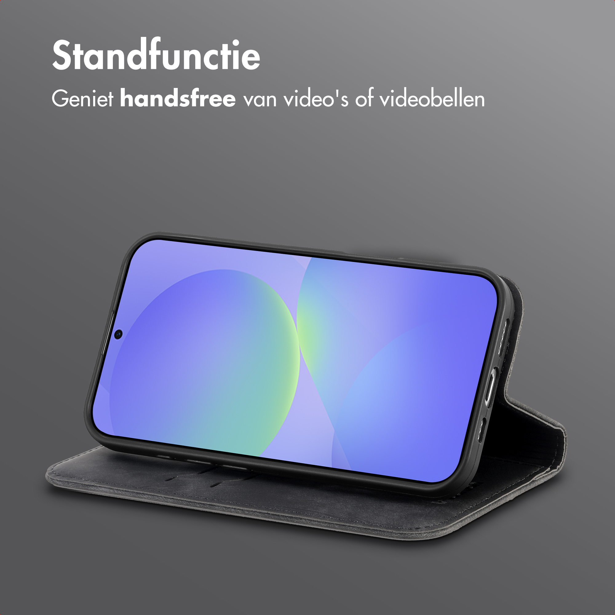 Un téléphone dans un étui noir est affiché. L'écran affiche un dégradé coloré. L'étui est ouvert.