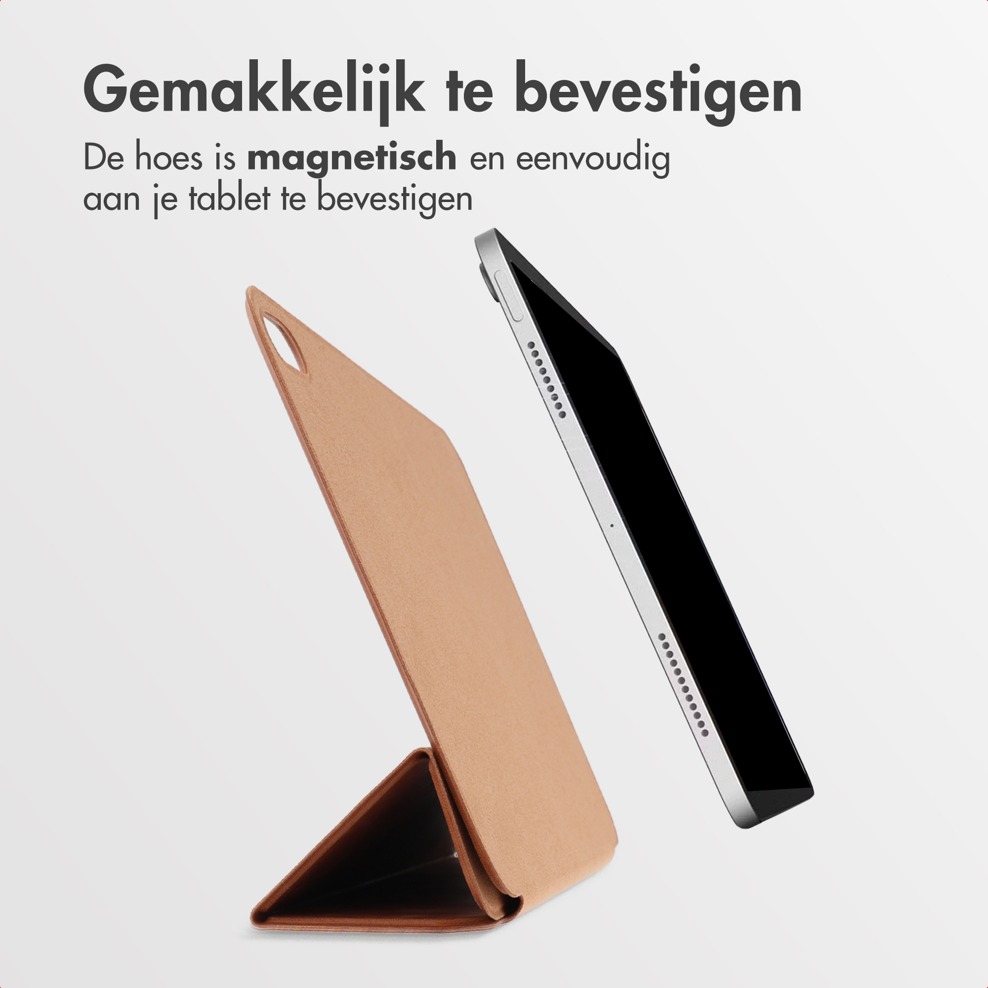 Een tablet en een bruine hoes worden getoond. De hoes is schuin en de tablet leunt. Tekst bovenaan.
