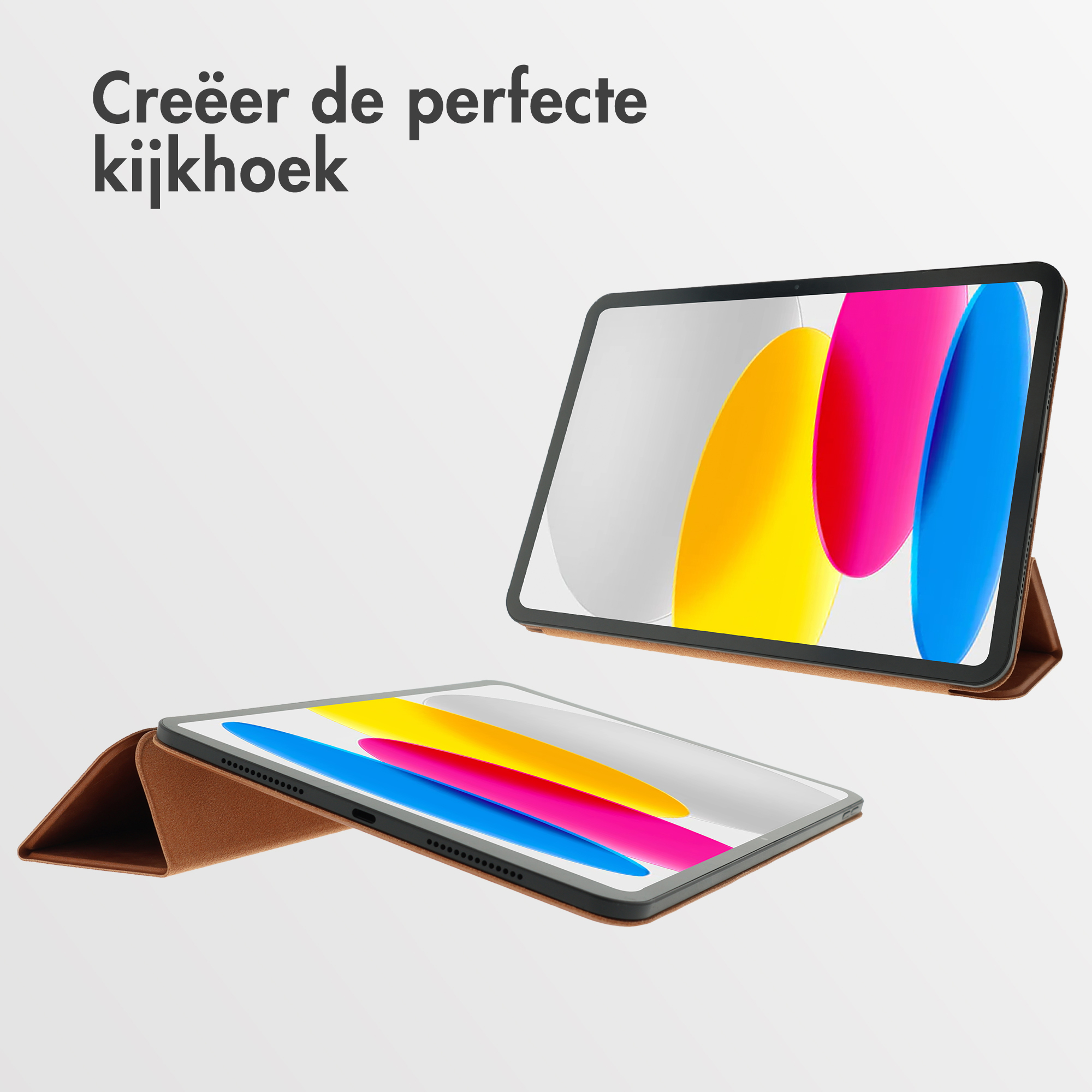 Twee tablets op witte achtergrond. Eén staat omhoog, de andere plat. Beide tonen kleurrijke abstracte ontwerpen.