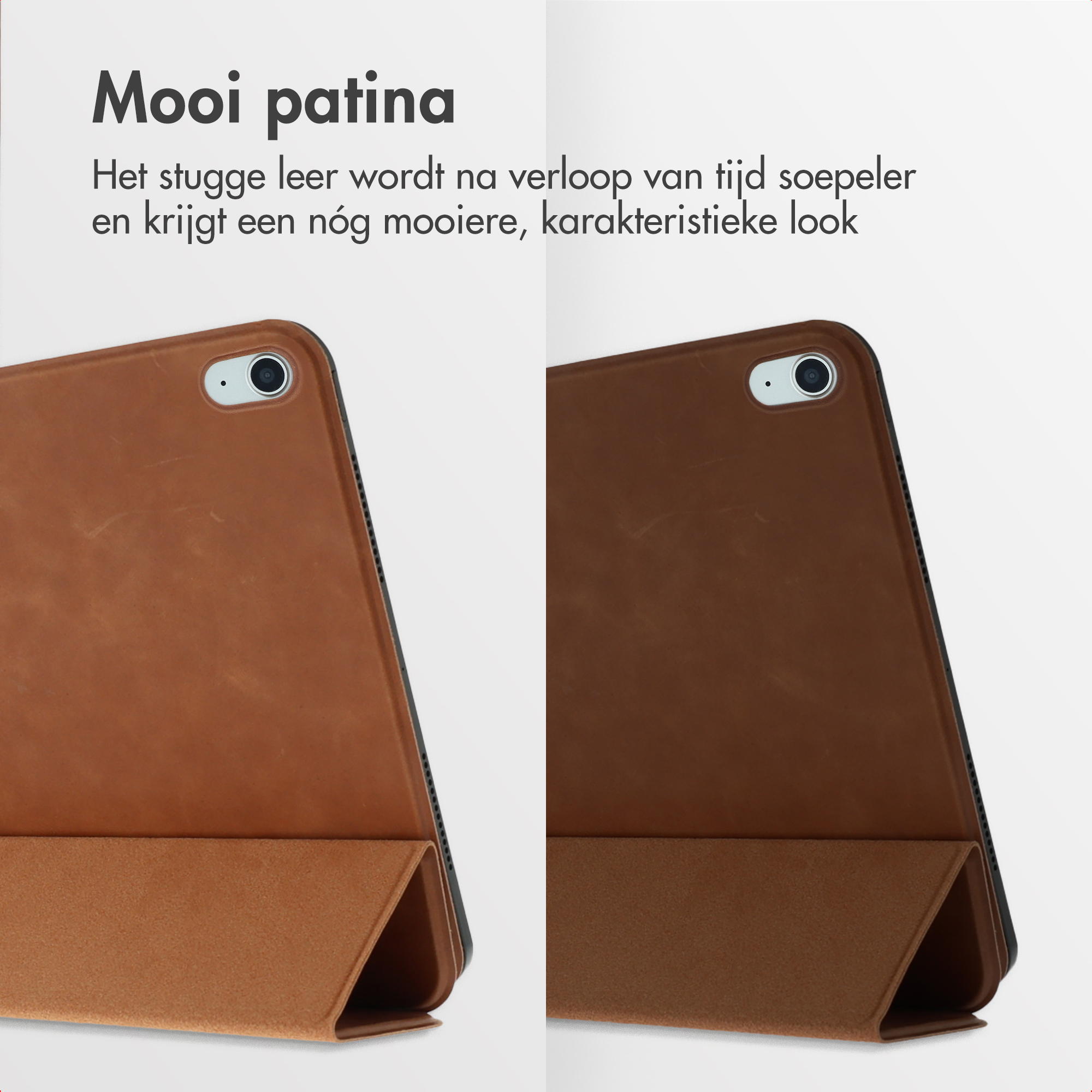 Twee bruine leren tablethoezen. Eén is lichter van kleur dan de andere. Tekst hierboven vermeld patina.