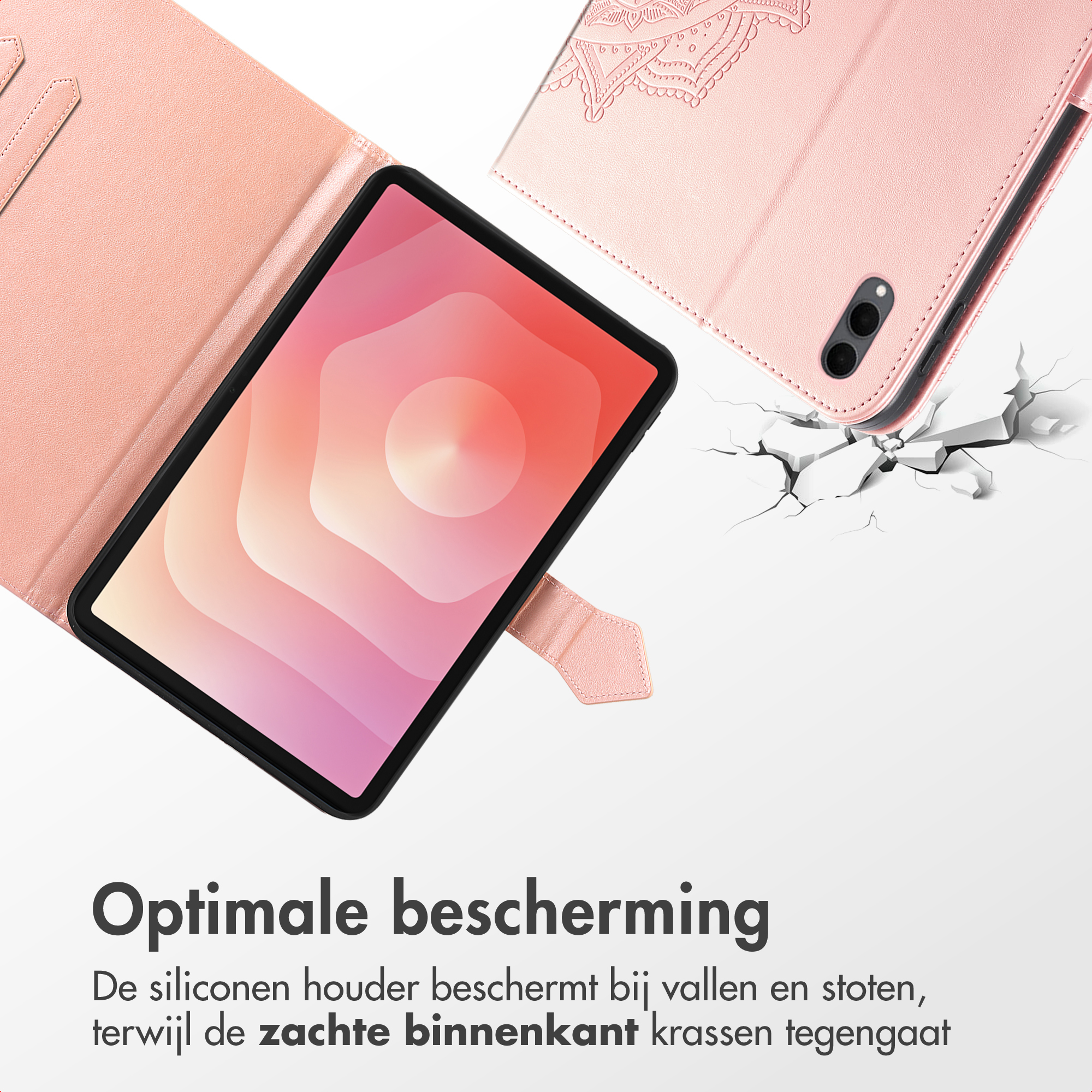 Pink tablet case with a tablet inside. The case is open, showing the screen, and another case is visible.