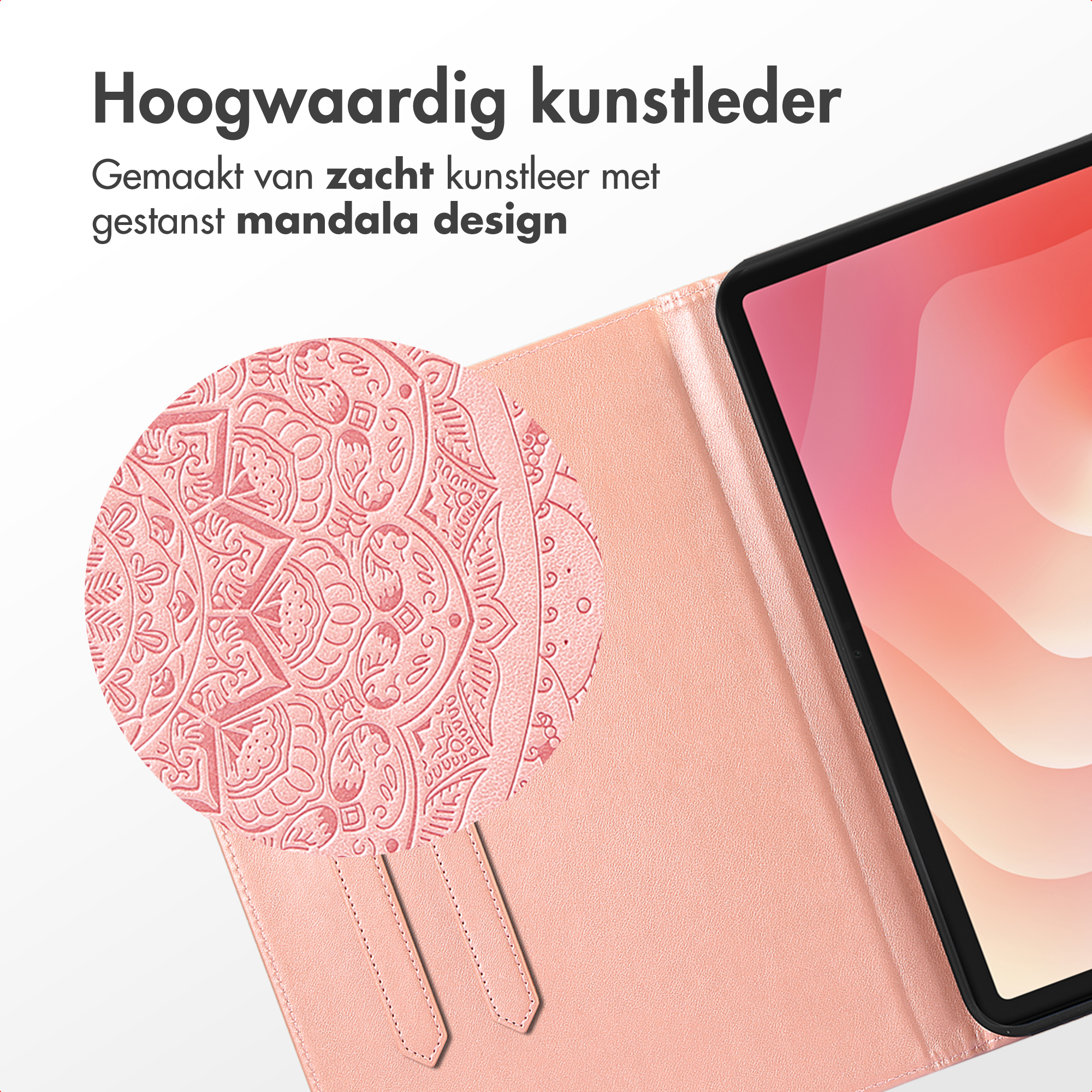 Pink tablet case with mandala design. Features a tablet, close-up of pattern, and leather texture.