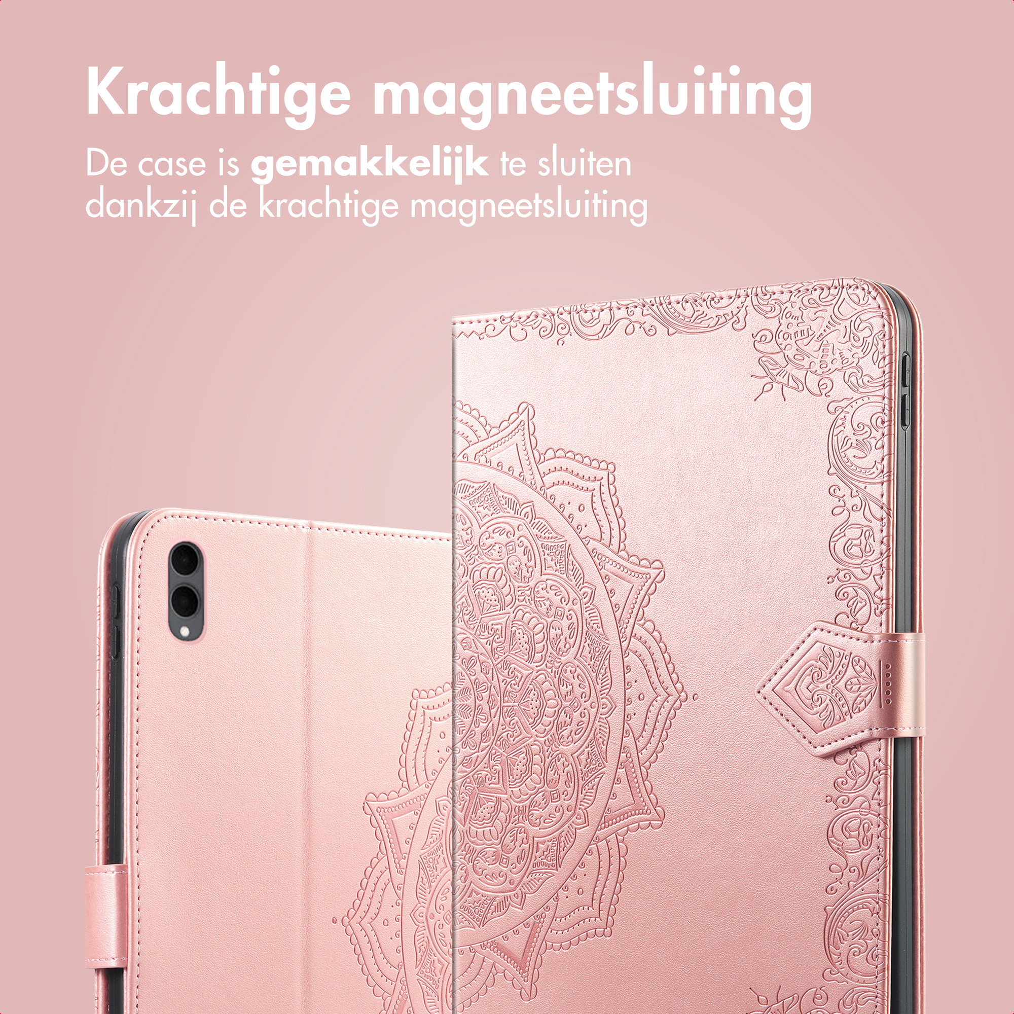 Pink tablet case, embossed design, magnetic closure. Text says 'Strong magnetic closure'. Case is open and closed.