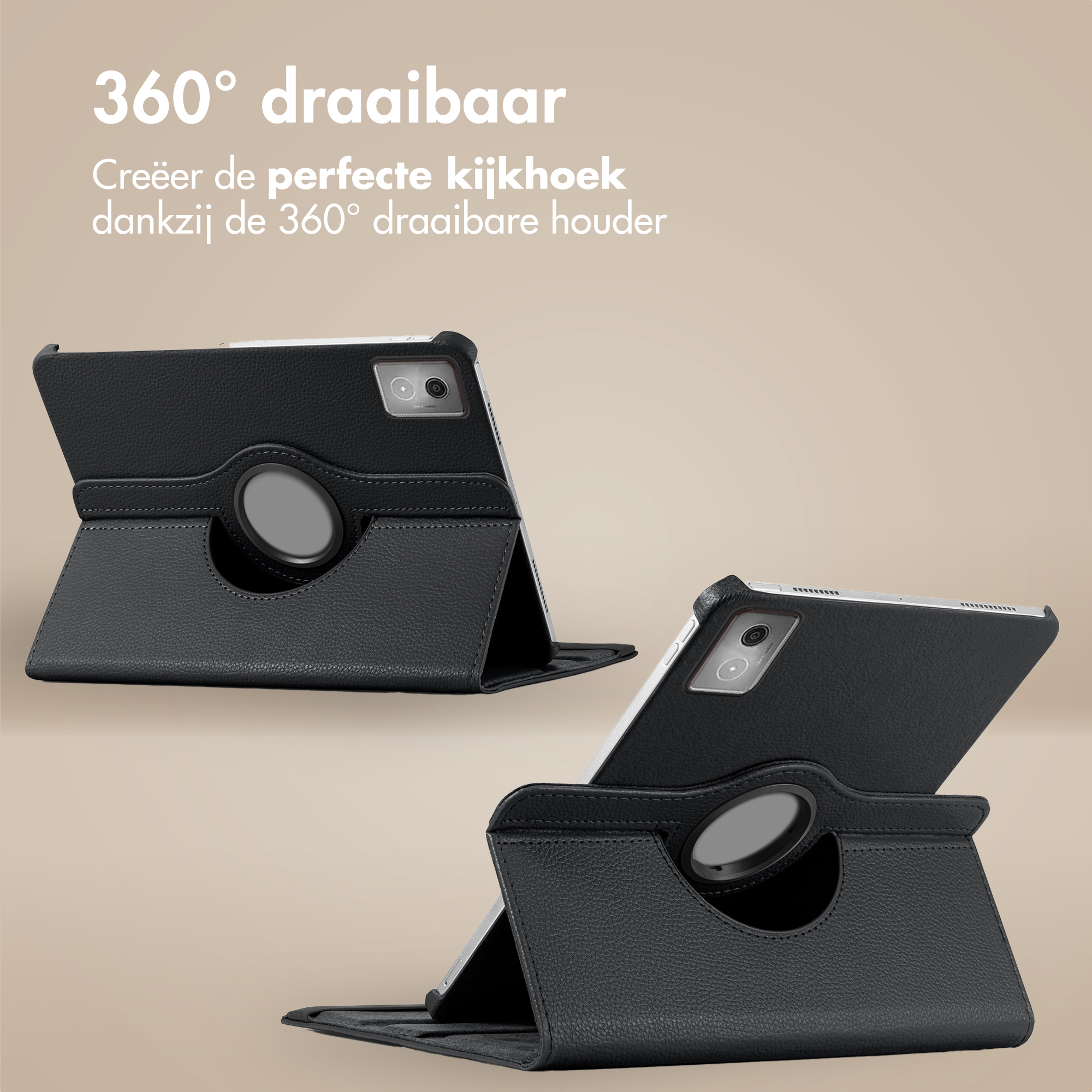 Black tablet case with 360-degree rotation. The case is open, showing the screen, and closed, both on a tan background.