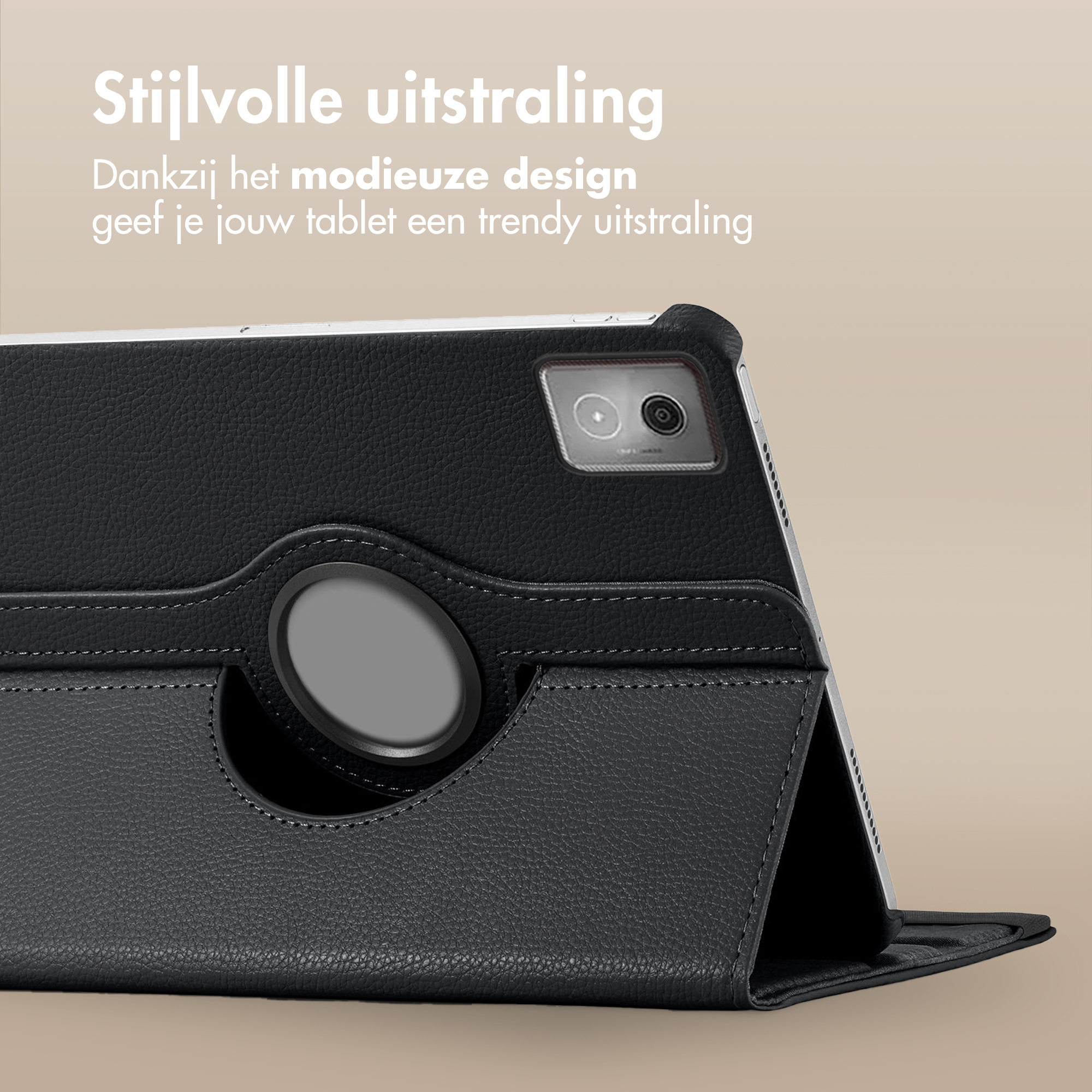 Black tablet case with a rotating ring, on a light brown background. Text: Stylish appearance. Trendy design.