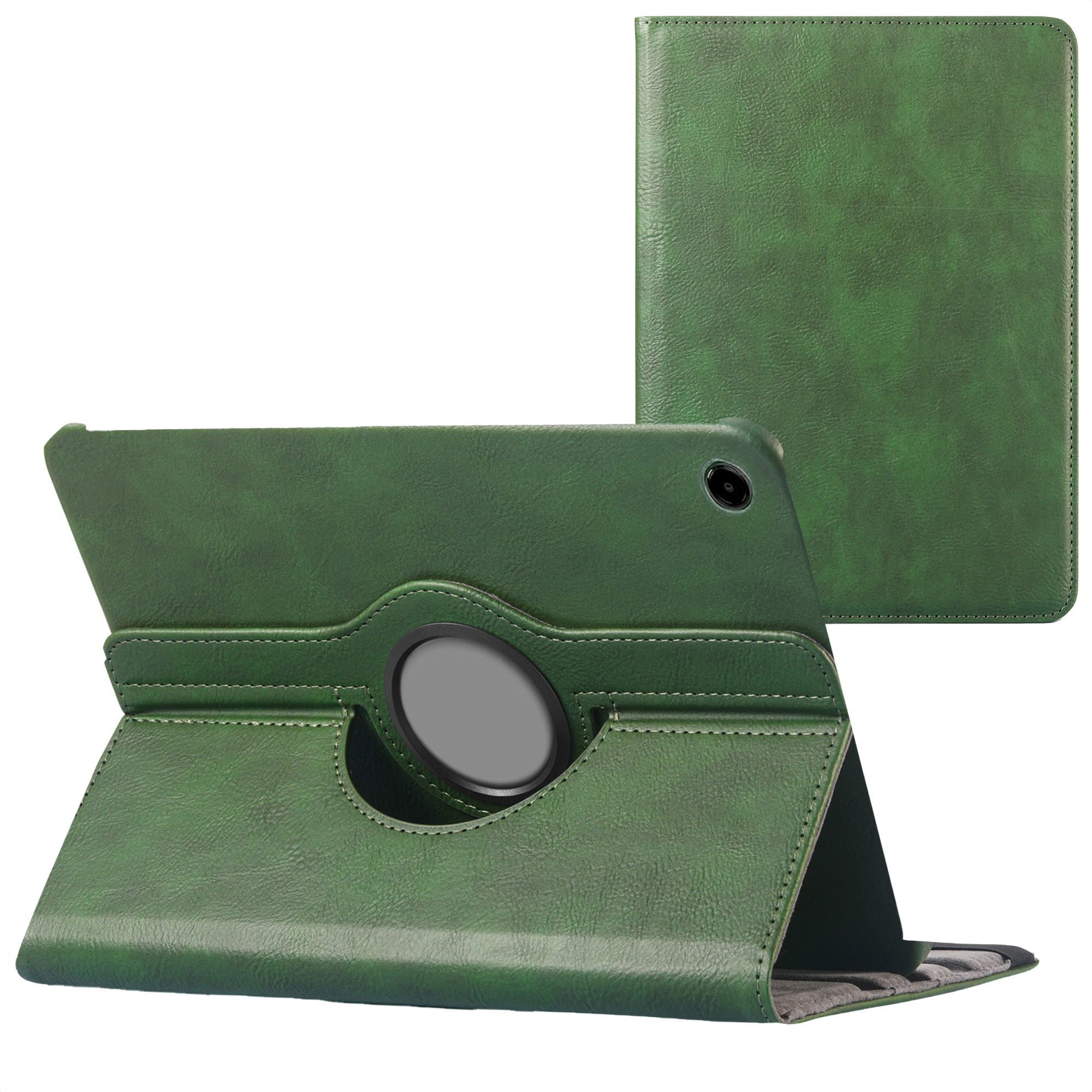 Un étui de tablette vert, ouvert et fermé. Possède un support. Isolé sur fond blanc.