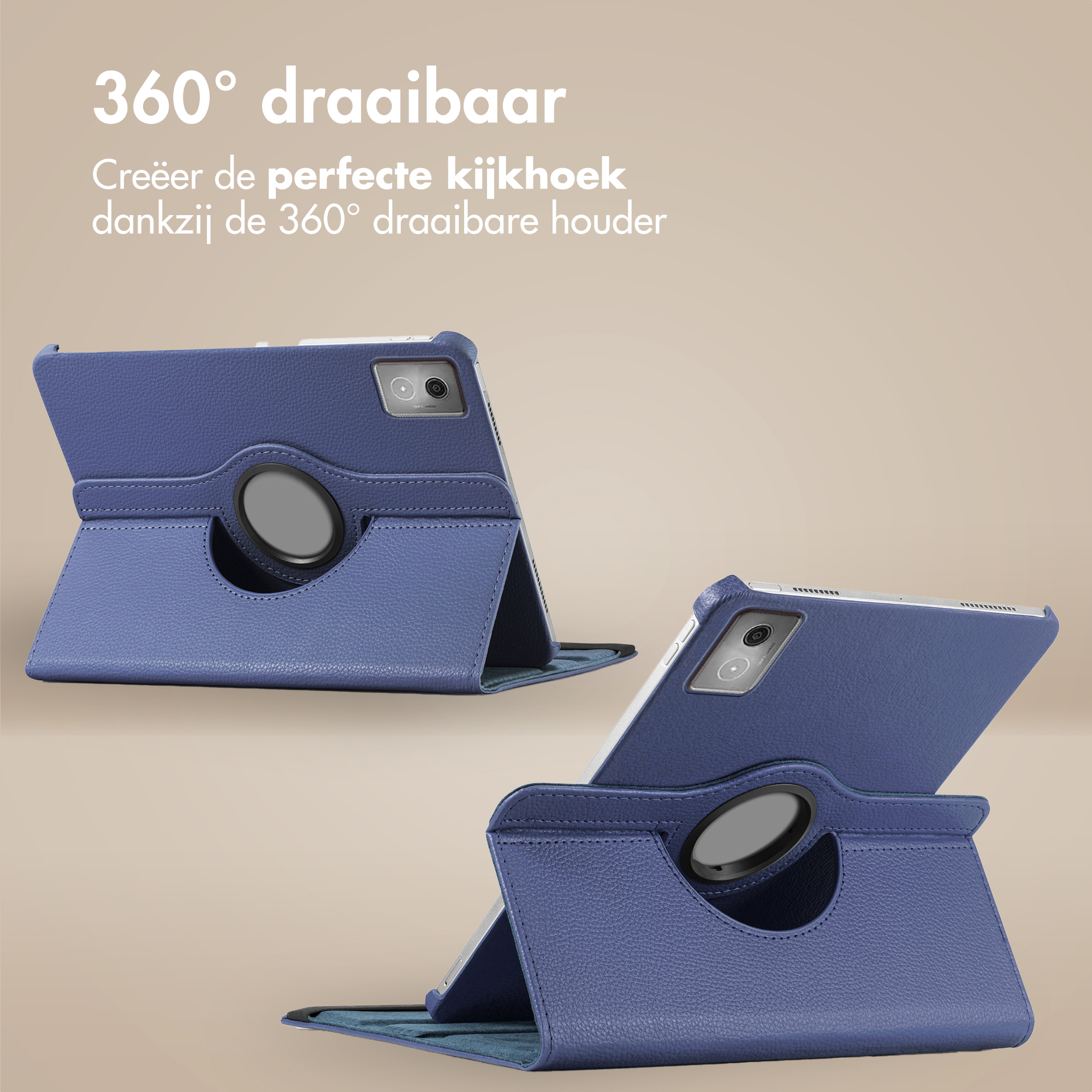 Two blue tablet cases with 360-degree rotating holders are shown. Text in Dutch reads '360° draaibaar'.