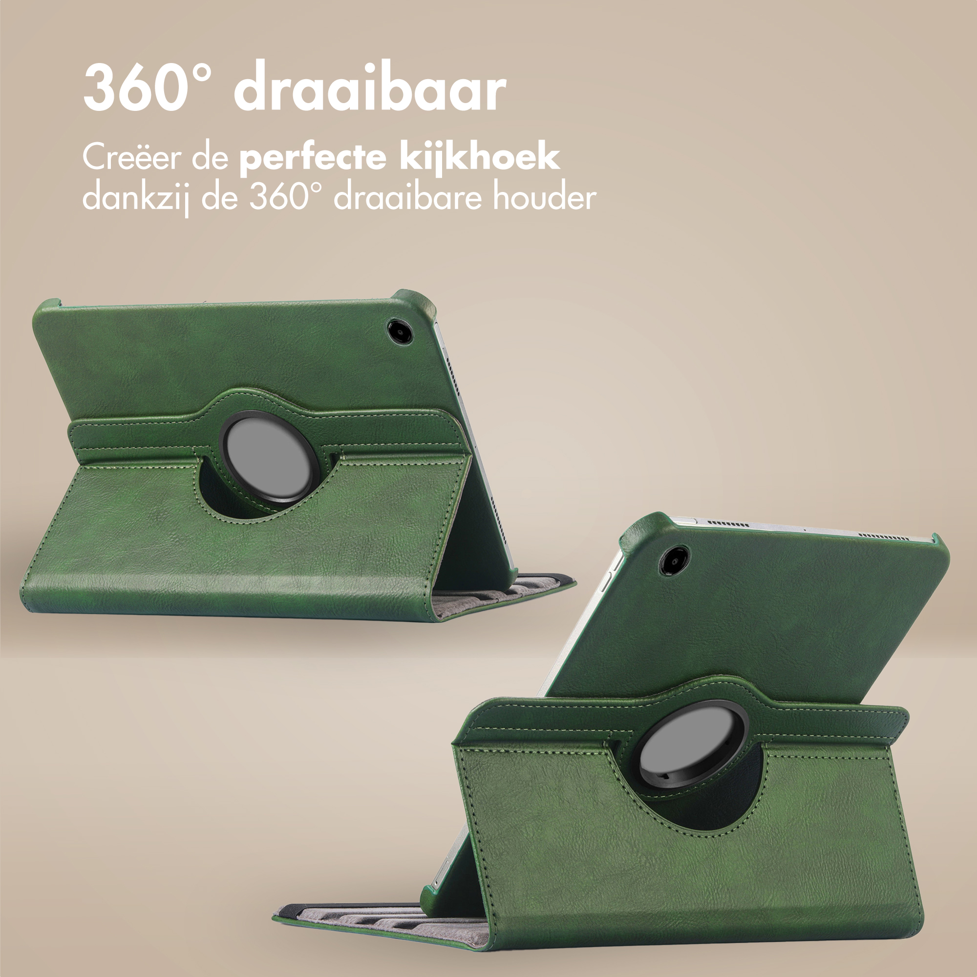 Étuis de tablettes verts sur fond beige, rotation à 360°. Texte : '360° draaibaar'.