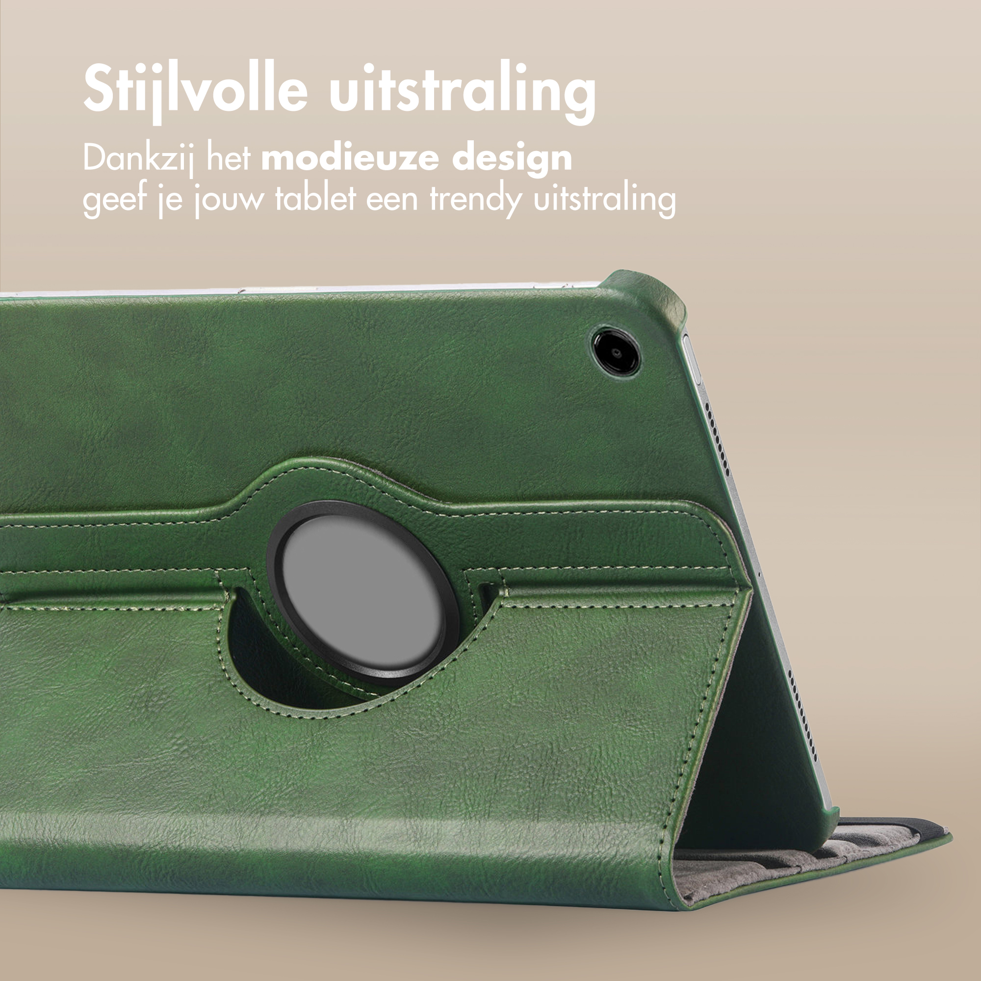 Étui de tablette vert avec anneau rotatif, sur fond beige. Texte en néerlandais en haut.